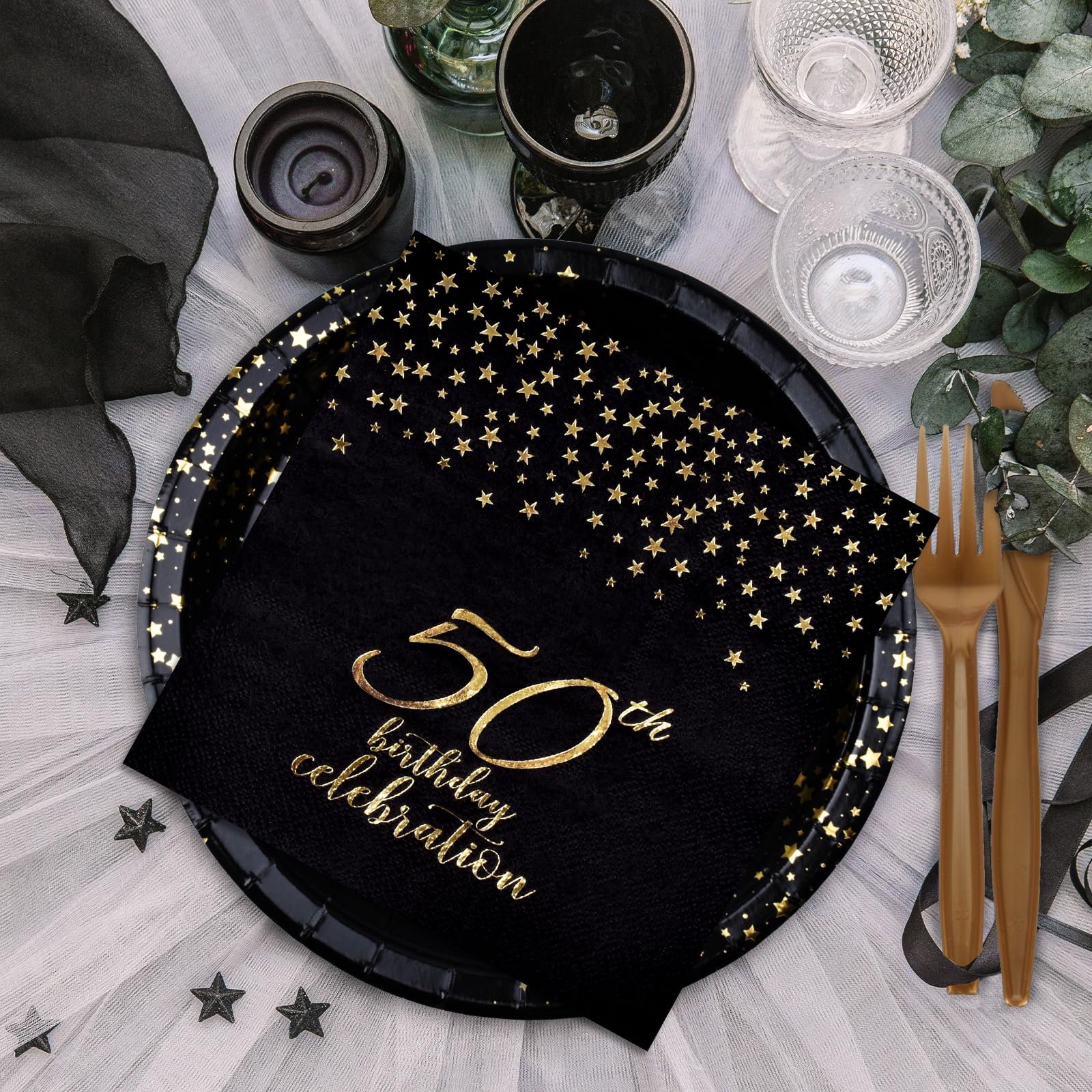 Gatherfun 50th Birthday Party Supplies Set - 50 Disposable Paper Plates, Napkins, Cups, Cutlery & Tablecloth with Black & Gold Balloons & Banner - Elegant 50th Birthday Decor for Men & Women (Serves 25) - Perfect for Milestone Celebrations, Retirement Parties & Anniversary Events