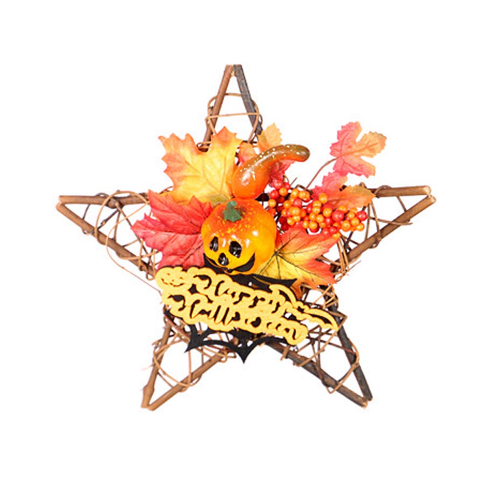 TENDYCOCO Halloween Decorations - Artificial Flower Pentagram Star Wall Hanging with Maple Leaf & Pumpkin Design, LED Lighted Door Ornament for Autumn Party, Home, and Indoor/Outdoor Decor