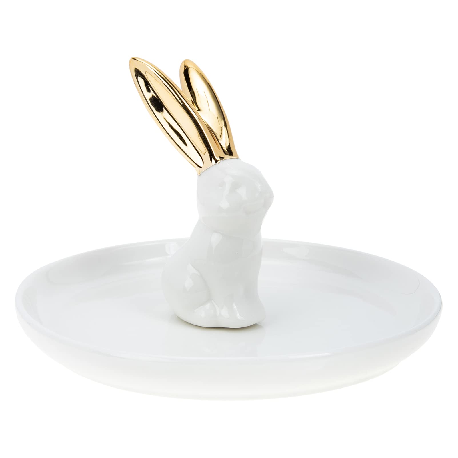 White Ceramic Rabbit Ring Holder & Jewelry Dish - Elegant Organizer for Necklaces, Earrings, Bracelets - Perfect for Vanity, Dresser, Bathroom Decor & Gift Giving