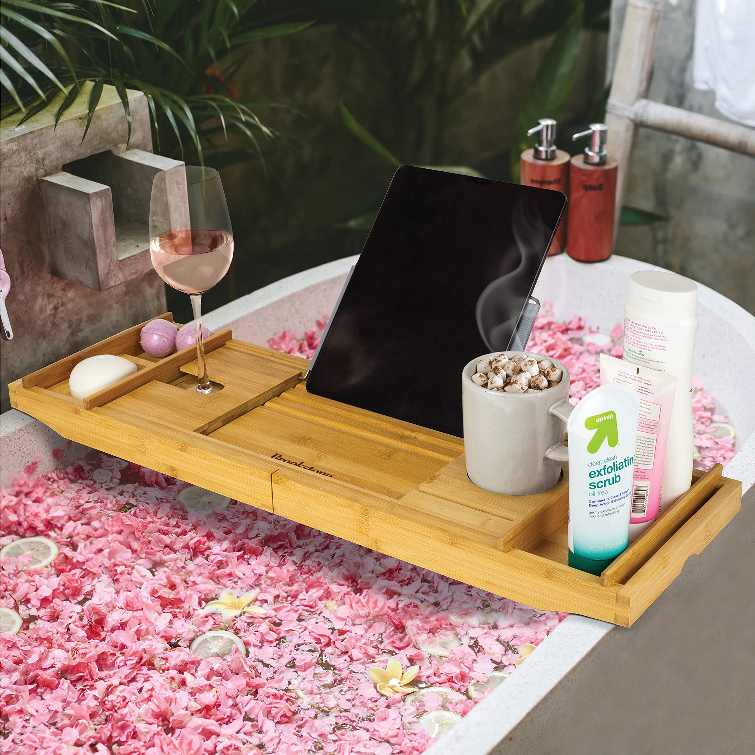 Brookstone Expandable Bamboo Bathtub Caddy Tray with Wine Glass Holder, Tablet Stand, Phone & Book Holder - Fits Tubs Up to 43 Inches - Perfect for Relaxing Baths with Wine, Reading & Entertainment