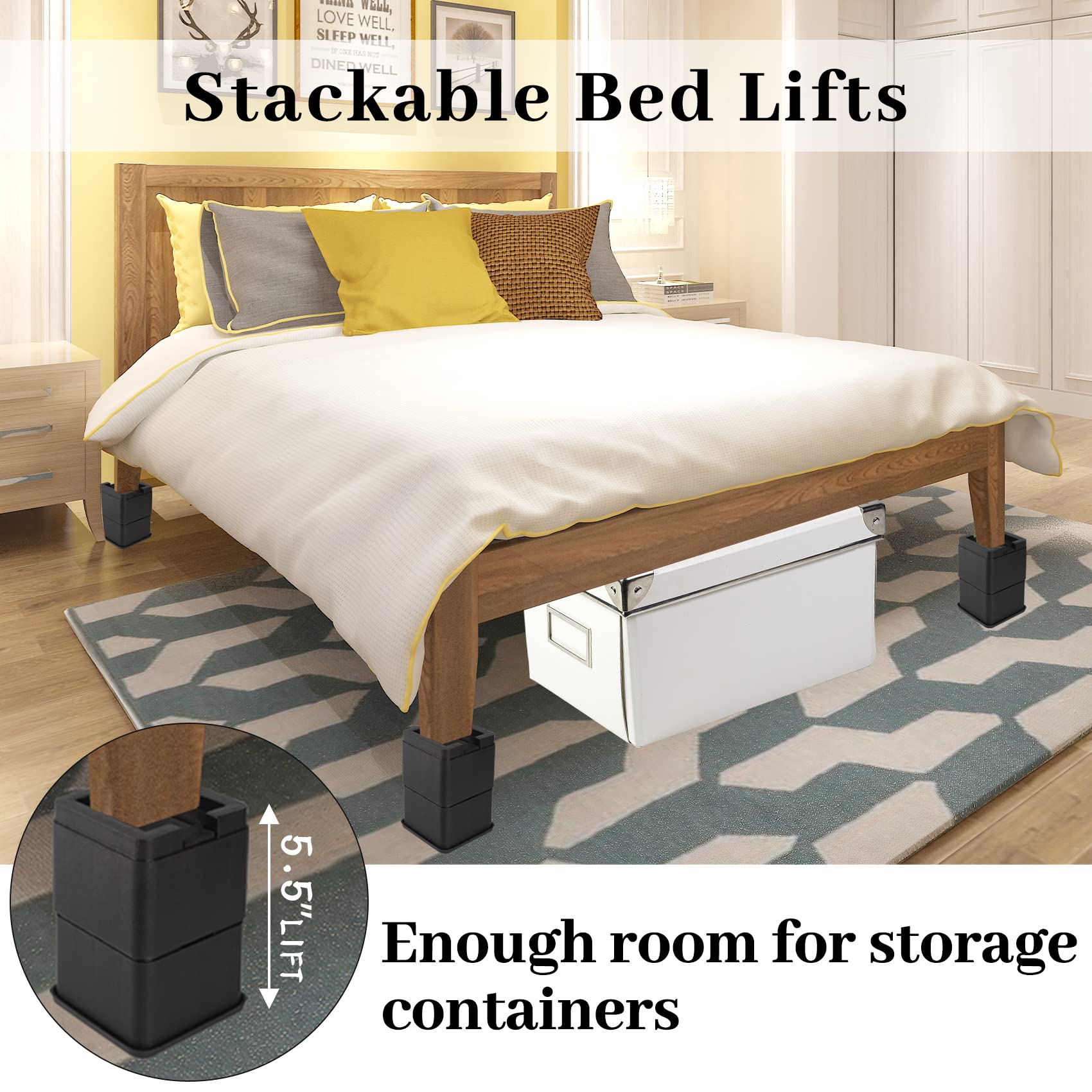 Joyclub 3 Inch Heavy Duty Bed Risers - Durable & Stackable Bed Lifts for Sofa, Table, Couch & Bed Frame - Fits Casters or Legs (4 Pack) - Perfect for Extra Storage Space & Room Organization