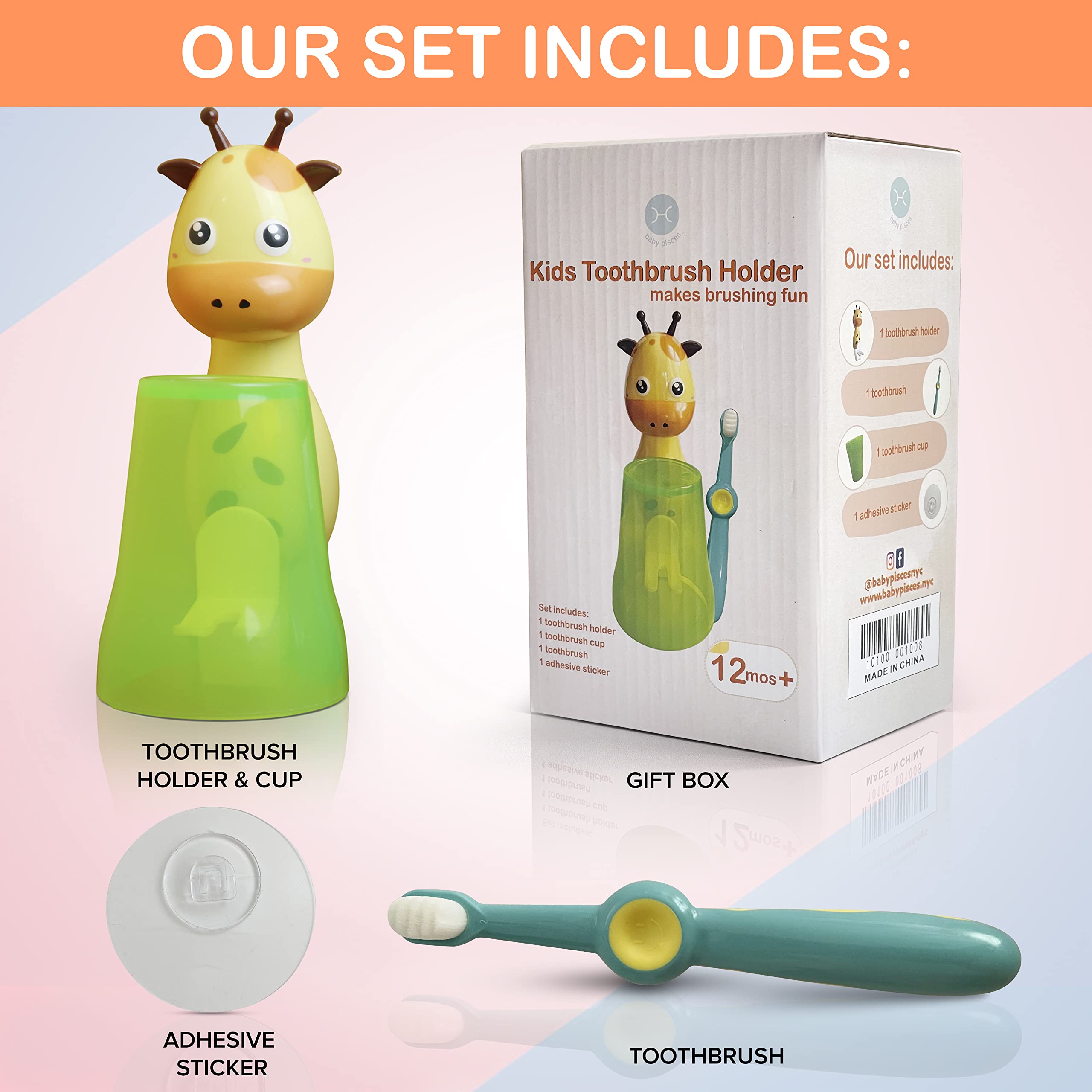 Giraffe Wall Mounted Toothbrush Holder for Kids - Ultra Soft Bristle Toothbrush & Hanging Bathroom Organizer | Perfect for Kids' Bathroom, Nursery, or Travel | Fun Tooth Brushing Solution for Children
