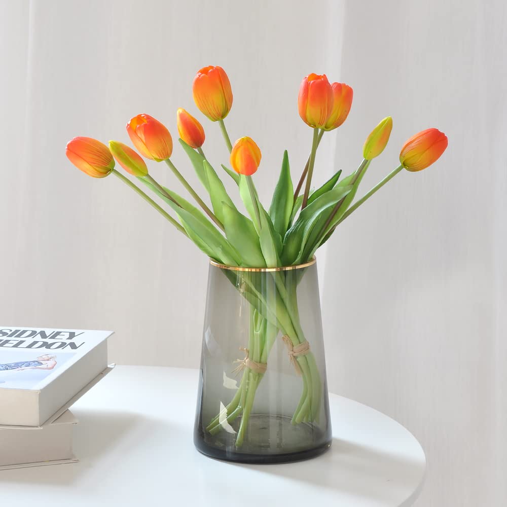 10 PCS Artificial Tulip Flowers - Real Touch Faux Silk Tulips Bouquet for Home, Office, Wedding, Party Decor - Vibrant Orange Fake Tulips for Table Arrangements, Birthday Gifts & Garden Store Decoration