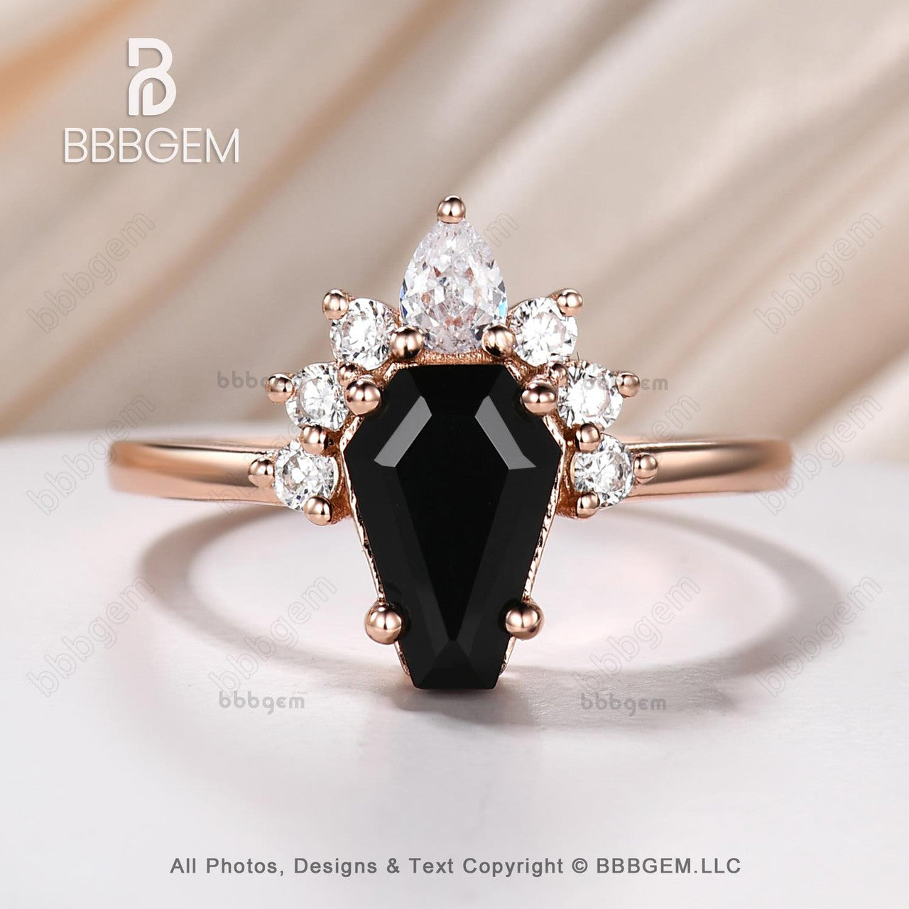 10K Rose Gold Black Onyx Coffin Cut Statement Ring Set for Women - Gothic Natural Onyx Spinel Engagement Ring - Perfect for Weddings, Parties & Gothic Fashion Accessories