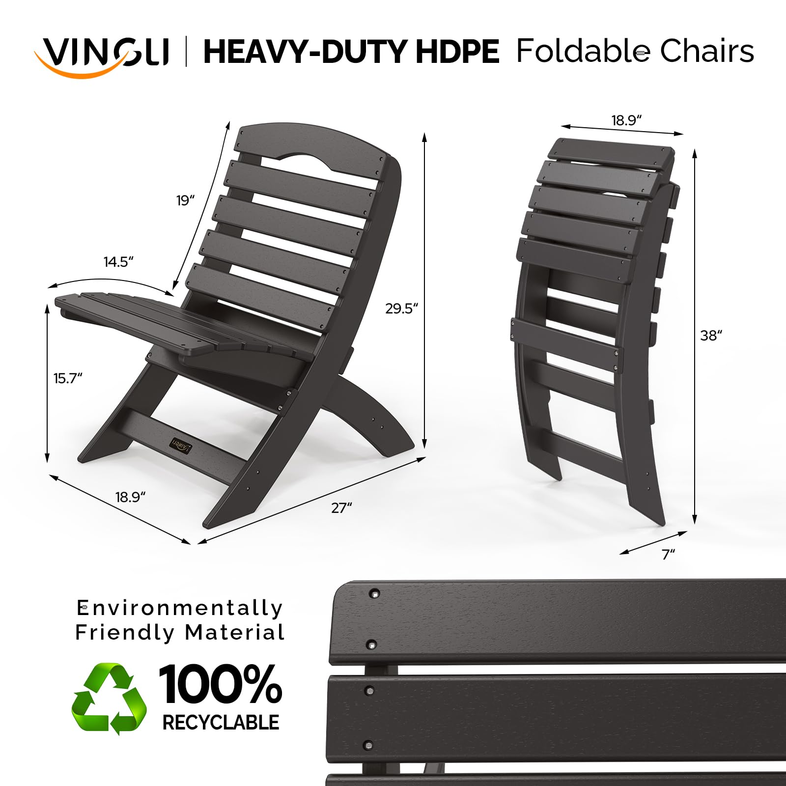 VINGLI 4-Pack Folding Plastic Adirondack Chairs - 350LB Capacity All-Weather Outdoor Furniture for Patio, Poolside, Porch, Beach & Camping - Heavy Duty Black Lawn Chairs Perfect for Backyard Relaxation & Fire Pit Gatherings