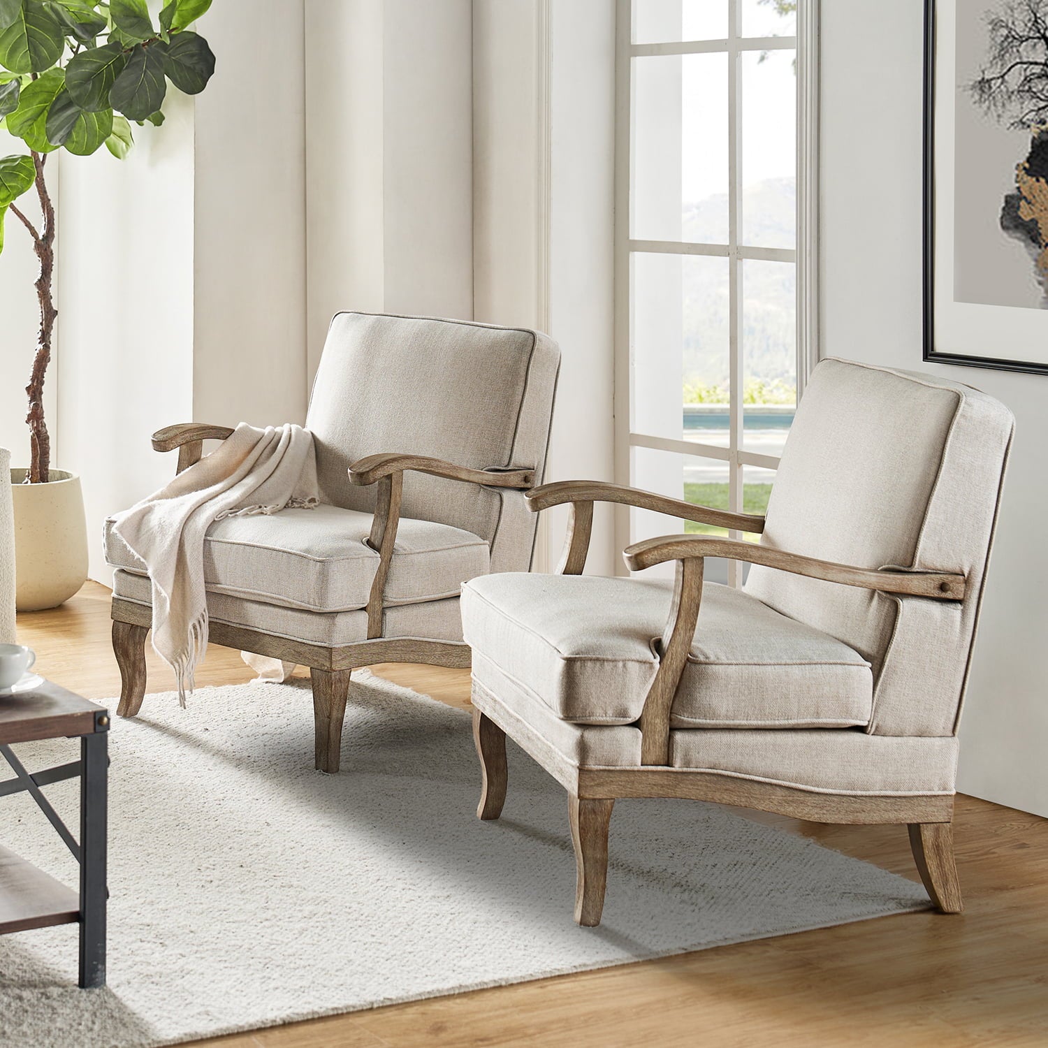 Randolph Farmhouse Upholstered Accent Chair with Wooden Legs - Comfortable Living Room Armchair for Home Decor, Reading Nook & Cozy Sitting Area (Multiple Style Options Available)