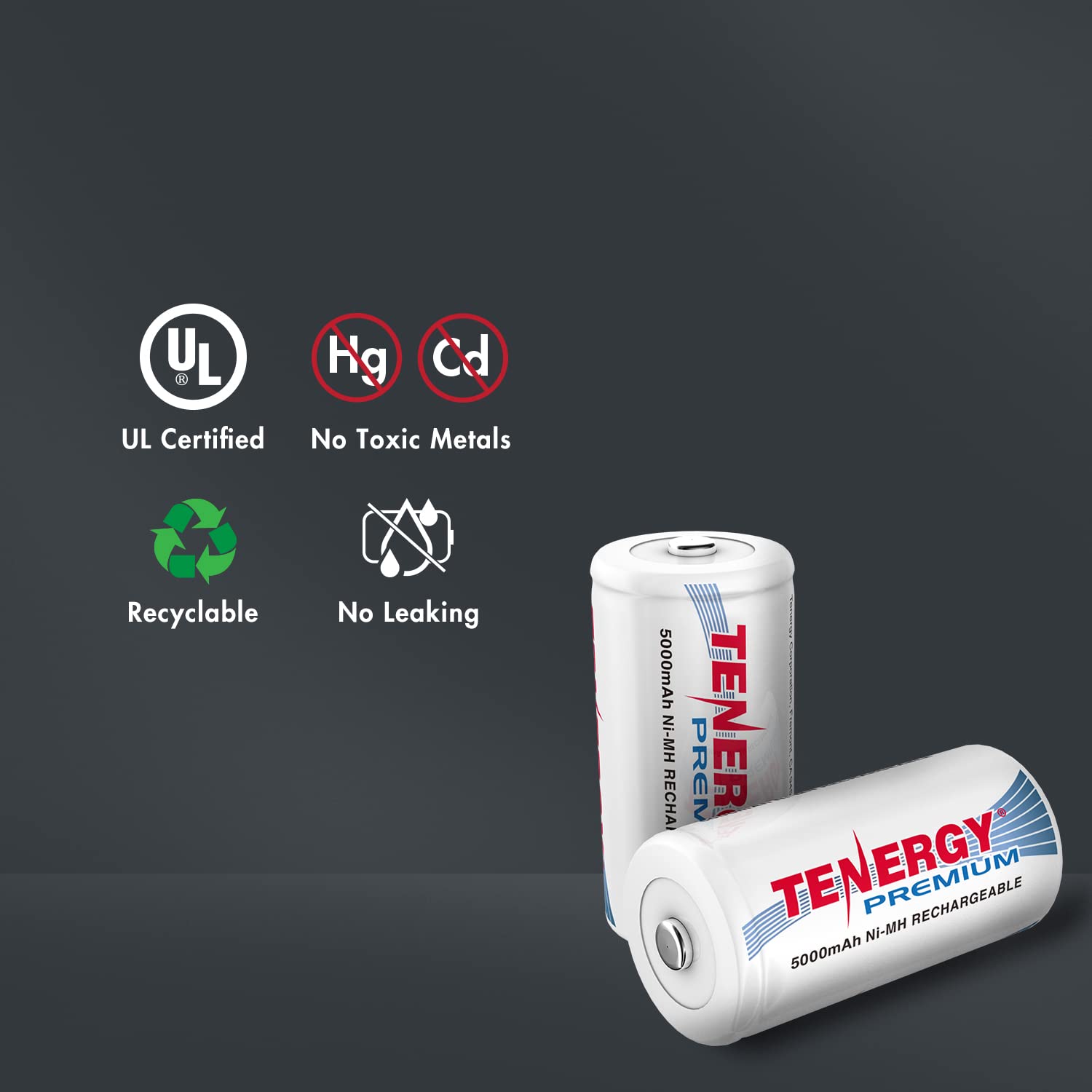 Tenergy Premium 5000mAh NiMH Rechargeable C Batteries - 4-Pack High Capacity C Cell Batteries for Flashlights, Toys, Radios & Emergency Devices