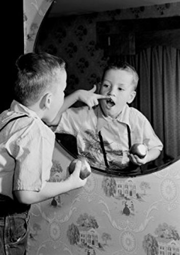 Boy Examining Teeth Gap with Apple in Mirror - Over the Shoulder View Poster Print (24x36 inches) - Perfect for Dental Offices, Kids' Rooms & Educational Spaces