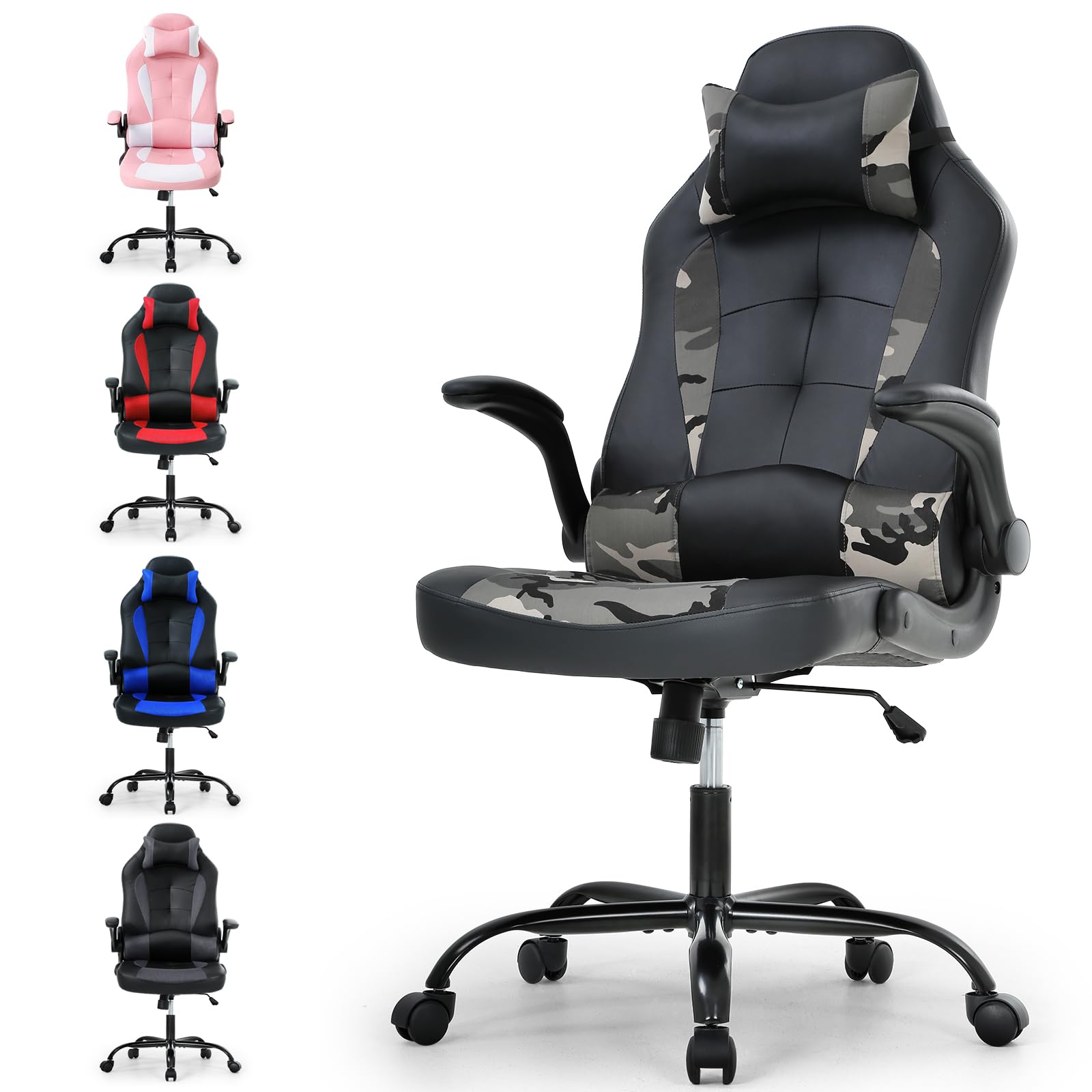 Ergonomic Gaming Chair with Lumbar Support & Head Pillow - Adjustable Leather Office Desk Chair for Home, Computer & Executive Work - Modern Swivel Rolling Task Chair (Camo Design) - Perfect for Gaming, Remote Work & Home Office Setup