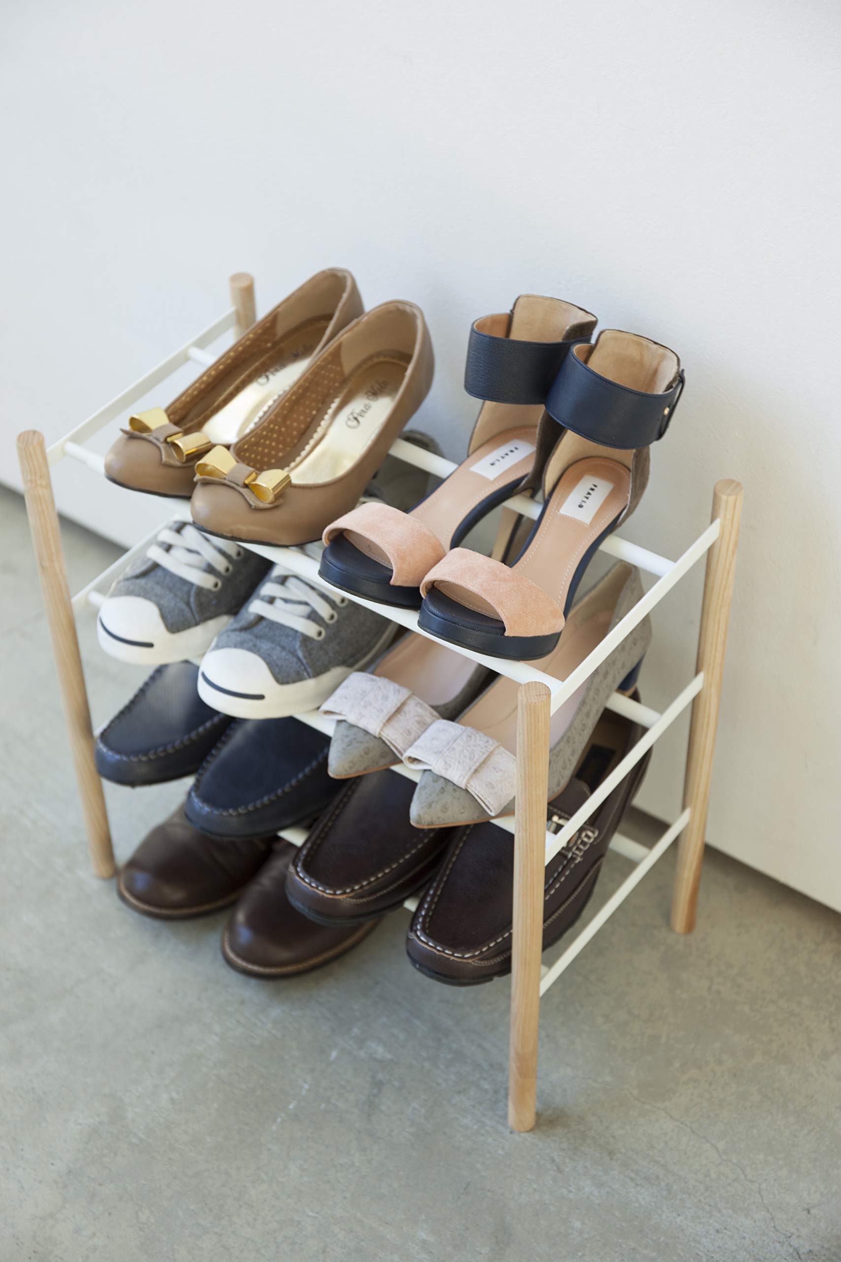 YAMAZAKI Home Expandable 3-Tier Shoe Rack, White - Space Saving Storage Organizer for Entryway, Closet & Small Apartments