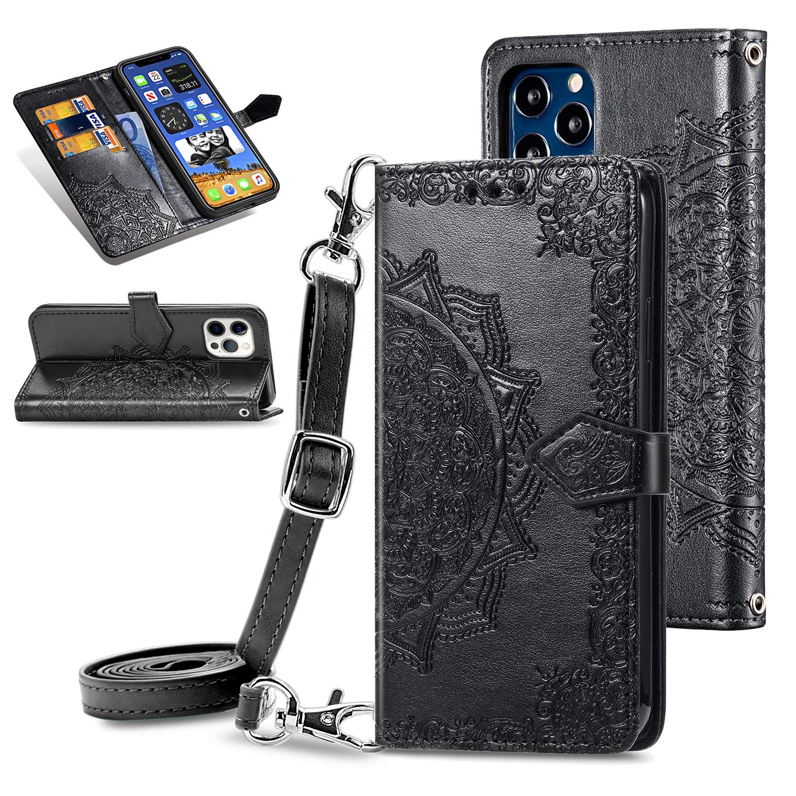 QLTYPRI iPhone 12 Pro Max Case - Crossbody Phone Purse with Card Slot, Wrist Strap & Adjustable Shoulder Strap | Cute Mandala Pattern Protective Cover | Perfect for Travel, Shopping & Hands-Free Convenience (Black)