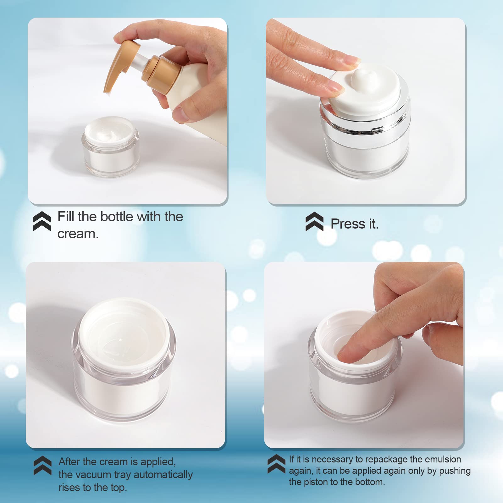4-Pack Airless Pump Jars (0.5oz+1.0oz+1.7oz+3.5oz) - Leak-Proof Lotion Dispenser Bottles for Travel, Skincare Cream & Makeup Storage - Perfect for Moisturizers, Serums & Cosmetic Products On-The-Go