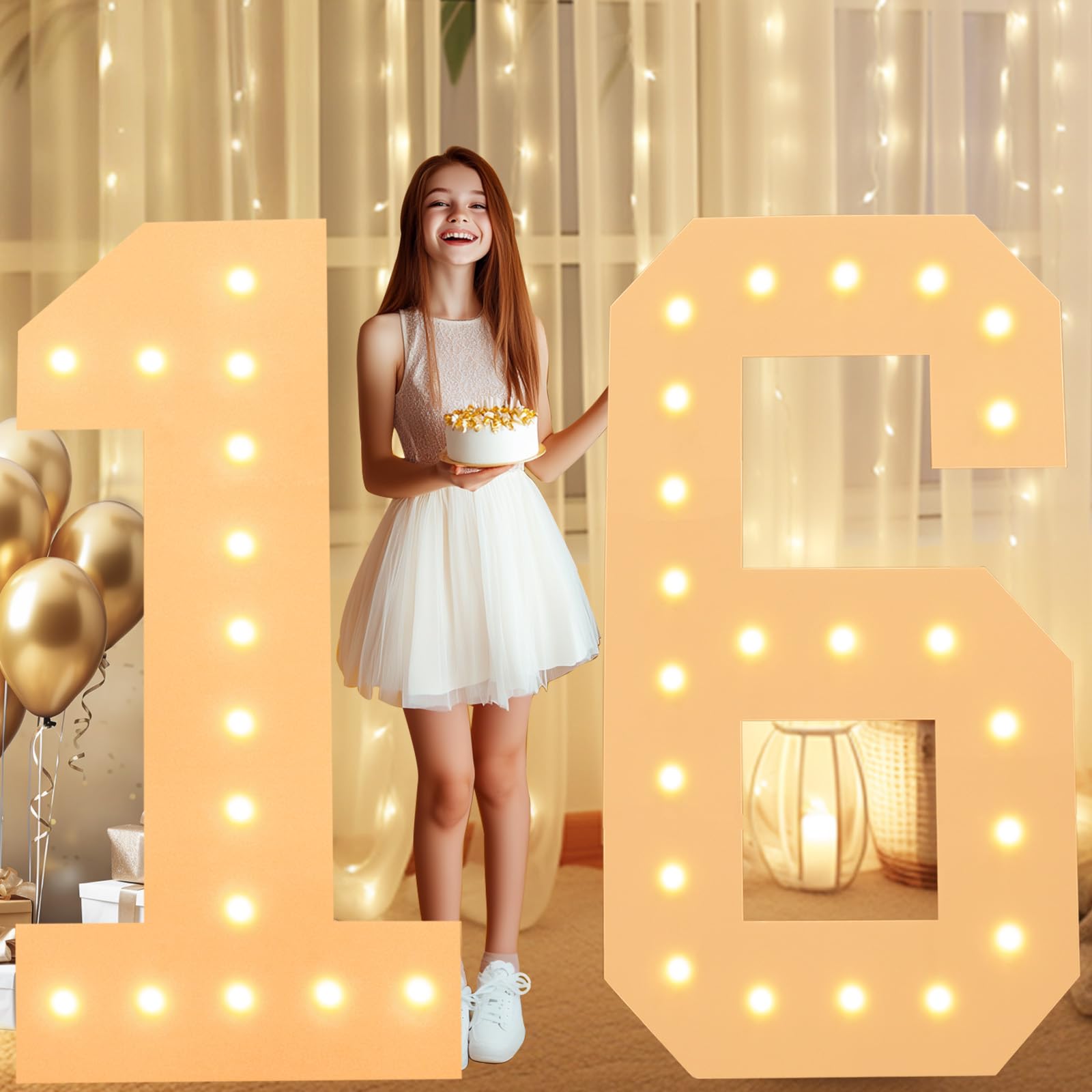 LOBOOM 4FT Light Up Numbers - Giant Marquee Number 16 Sign for Birthday & Anniversary Decor | 4 Feet Tall Mosaic Backdrop for 16th Birthday Party, Wedding, Graduation & Special Events | Pre-Cut Large Frame LED Number
