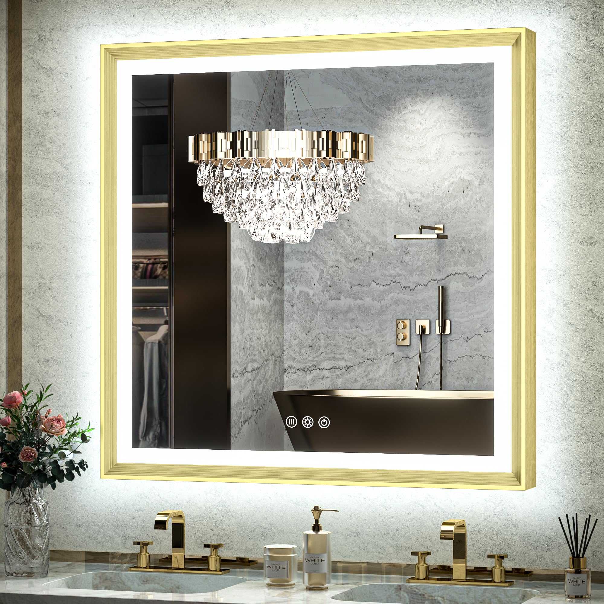 TokeShimi 36x36 Inch LED Bathroom Vanity Mirror with Front & Back Lighting - Aluminum Alloy Frame, Rectangle Beveled Edge, 3-Color Stepless Dimming, Anti-Fog & Memory Function - Perfect for Modern Home Decor, Makeup Application & Spa-Like Bathroom Experience