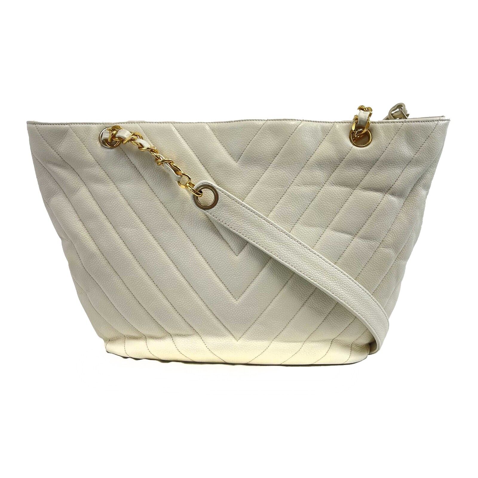 Vintage CHANEL 1994 White Leather Small Chevron Tote Shoulder Bag - Luxury Designer Handbag for Women, Perfect for Everyday Use & Special Occasions