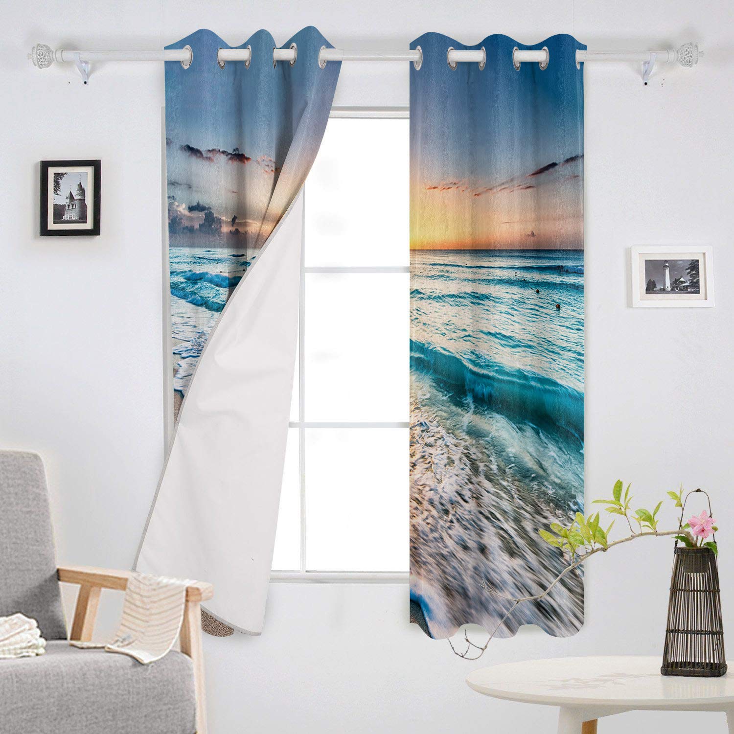 Ocean Beach Blackout Curtains - Thermal Insulated Room Darkening Window Drapes with Grommet Top, Tropical Wave Sunset Design, 52x84 Inch (2 Panels) - Perfect for Bedroom, Living Room & Home Theater Light Blocking