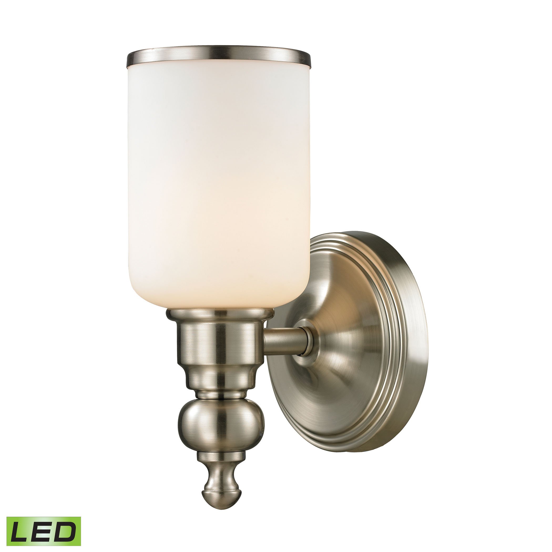 Bristol 1-Light Brushed Nickel Vanity Lamp with Opal White Blown Glass Shade - Includes Energy Efficient LED Bulb for Bathroom, Bedroom or Dressing Room Makeup Mirror Lighting