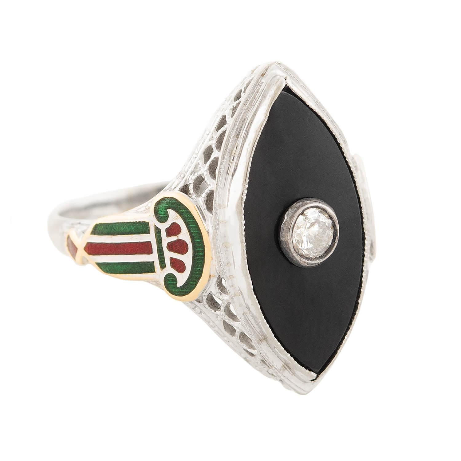 Vintage Art Deco 14K Gold Onyx Diamond Enamel Navette Ring - Elegant Statement Jewelry for Weddings, Parties & Special Occasions