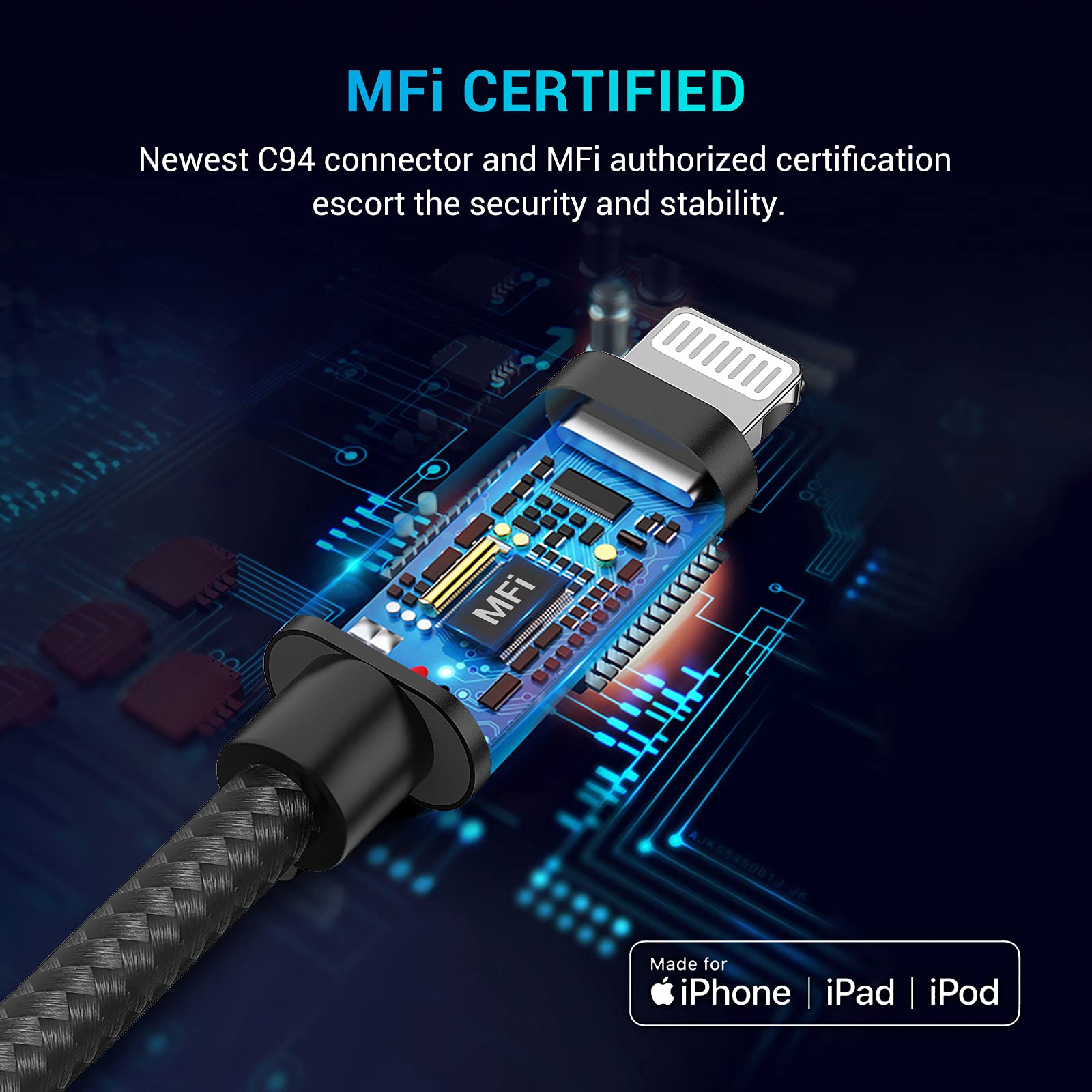3-Pack MFi Certified USB C to Lightning Cable 6.6ft - Fast Charging Nylon Braided iPhone Charger Cord for iPhone 14/13/12/11/Pro/XS/X/8, iPad & AirPods - Durable & Tangle-Free (Black) | Perfect for Home, Office & Travel Charging