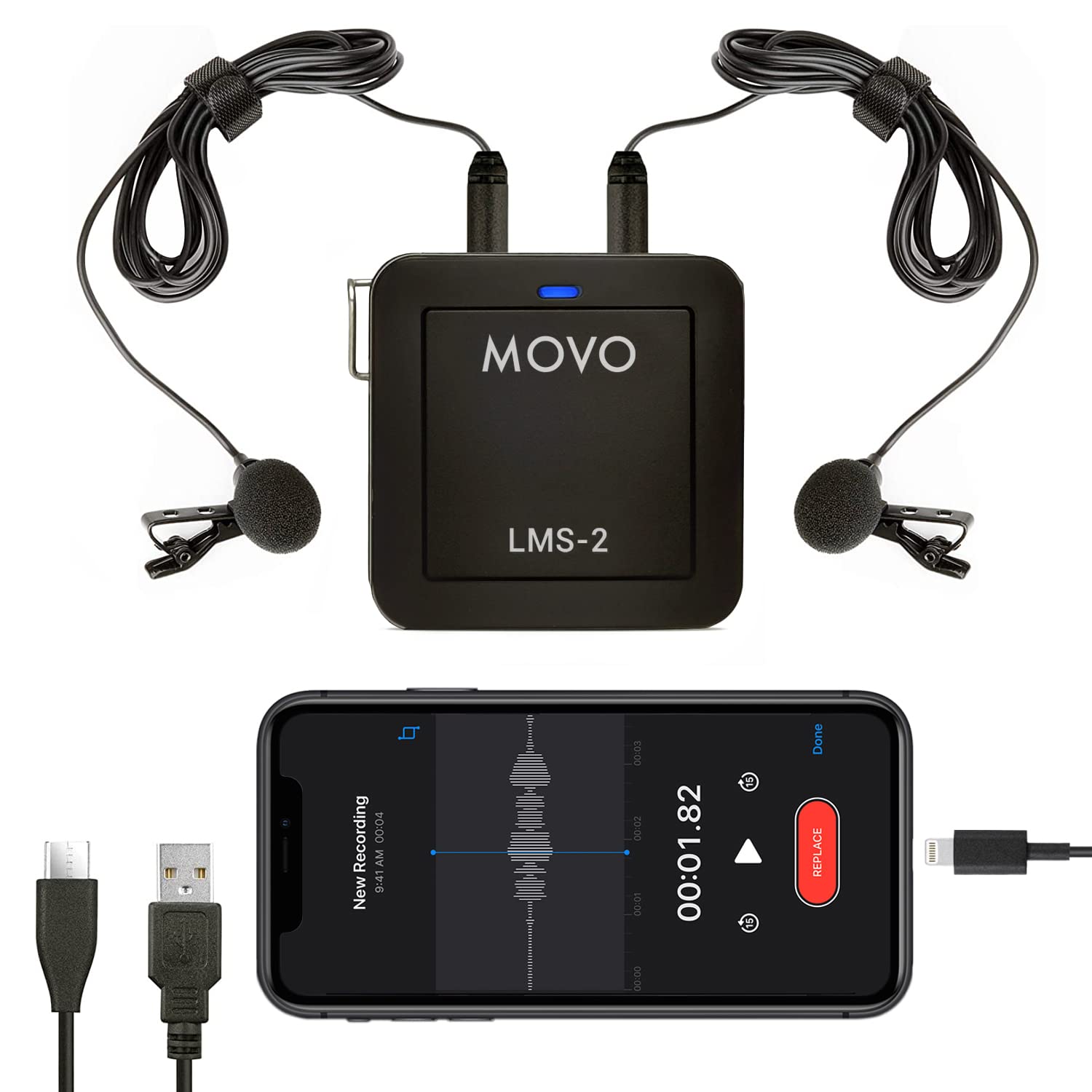 Movo LMS-2 Dual Channel Lavalier Microphone Kit for iPhone Android PC Mac - USB Type-C & Lightning Outputs for Interview Recording, Podcasting, YouTube Videos & Live Streaming