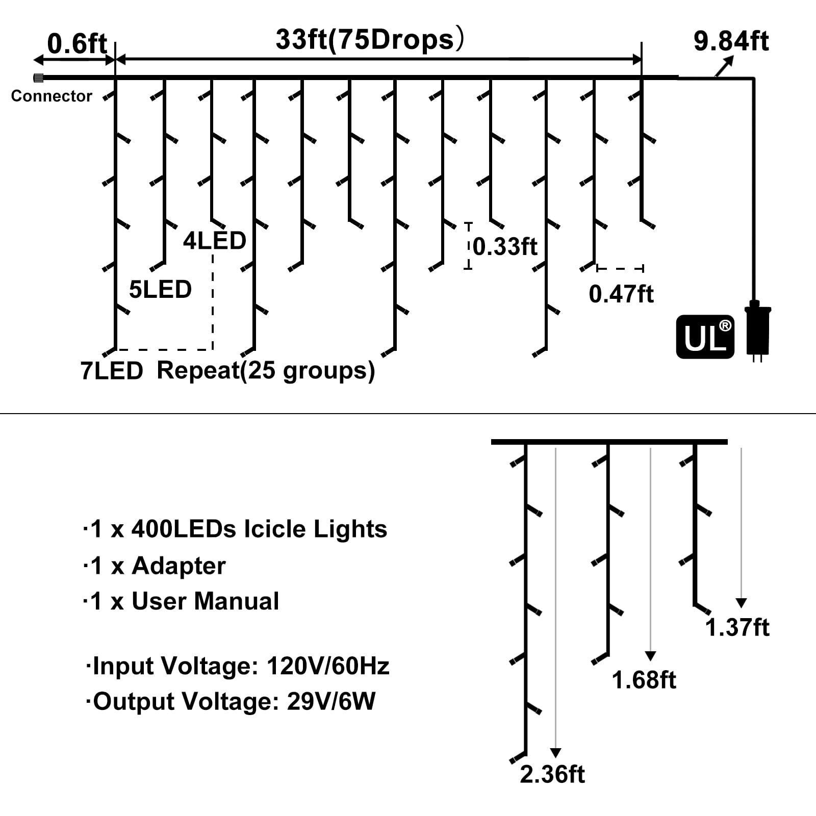 400 LED Warm White Icicle Christmas Lights Outdoor - 33ft Waterproof Connectable String Lights with 8 Modes & Timer for House, Patio, Window, Party - Perfect for Holiday Decorations Indoor & Outdoor