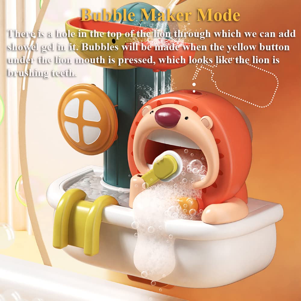 Fun Lion Bubble Maker & Waterfall Bath Toy - Dual Mode Bathtub Toy with Water Wheel & Bubble Blower for Kids - Perfect for Bath Time Fun, Sensory Play & Teeth Brushing Encouragement
