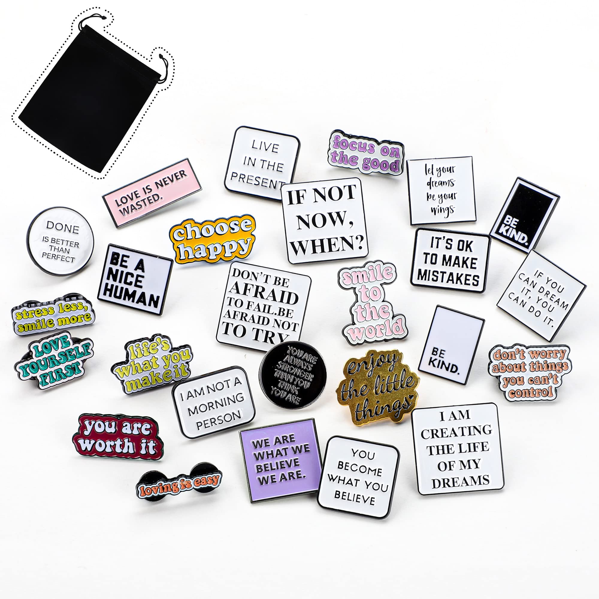 26 PCS Inspirational Enamel Pins Set - Motivational Quote Lapel Badges with Storage Bag for Backpacks, Jackets, Hats & Gifts | Positive Saying Brooches for Students, Teachers, Coworkers & Friends