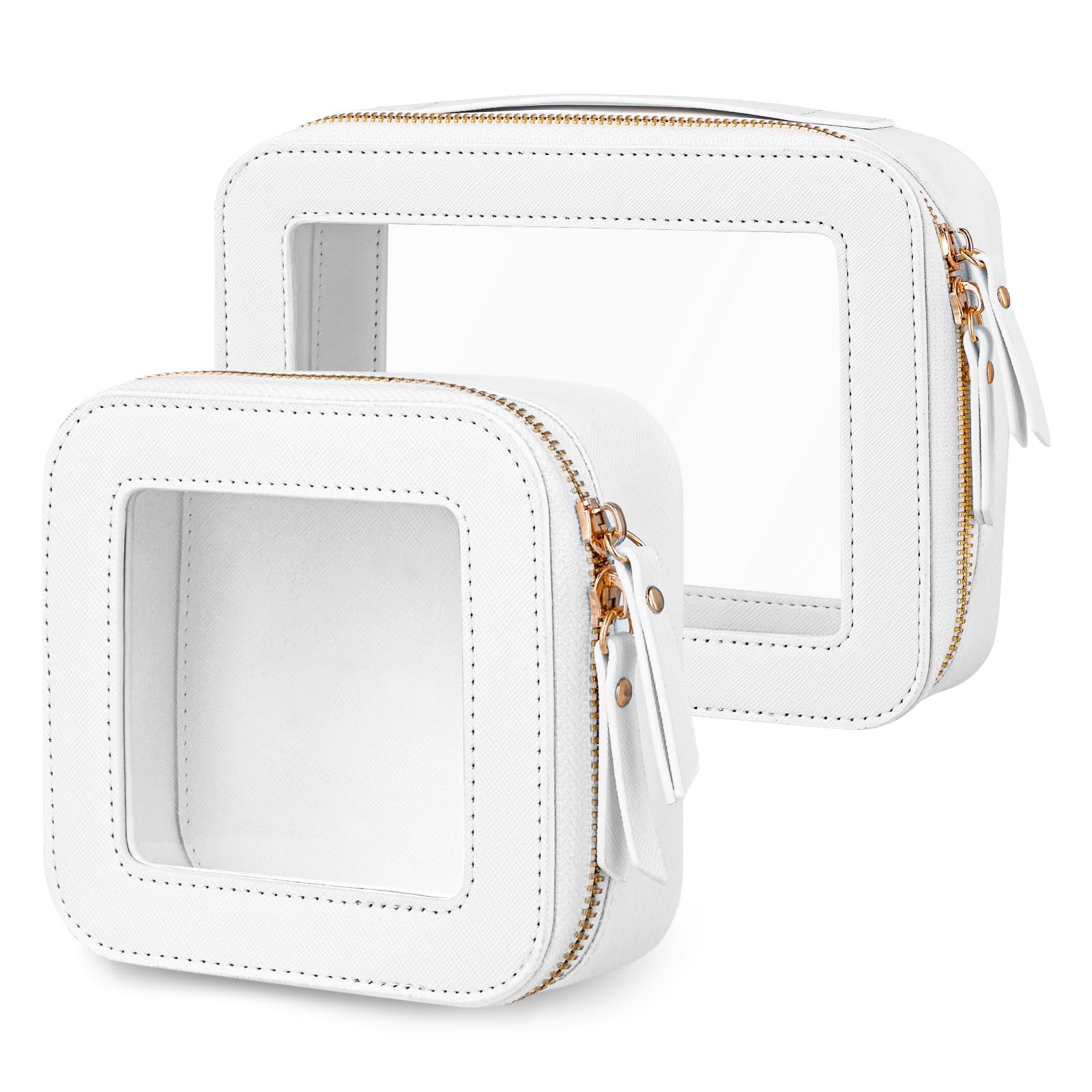Mini Clear Makeup Bag - White Leather Travel Cosmetic Pouch for Women, Small Waterproof Toiletry Organizer with Zipper for Purse, Backpack & School Supplies - Perfect for Daily Use, Travel Essentials & On-the-Go Organization