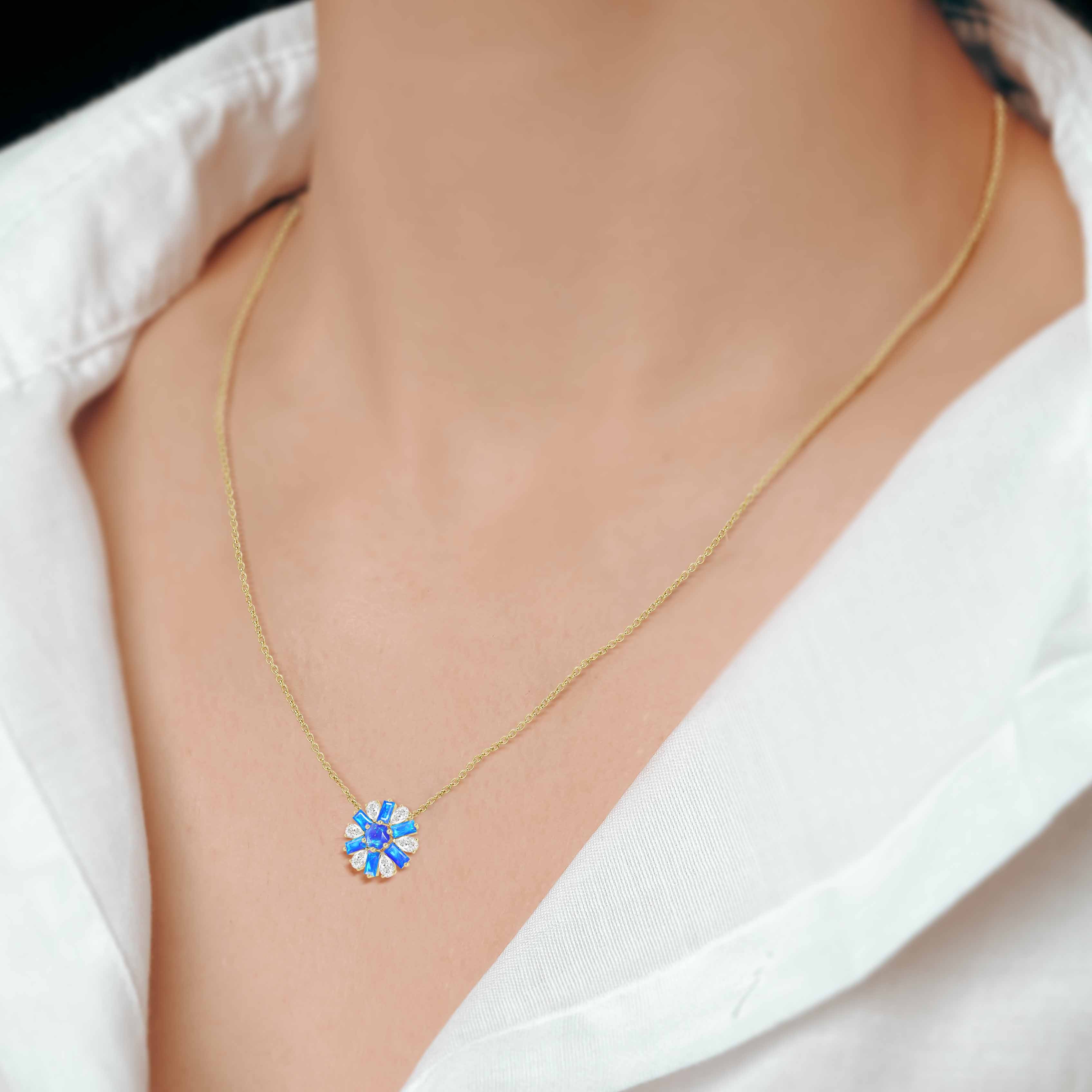 Natural Blue Opal Round Cluster Charm Pendant Necklace - Elegant Bohemian Jewelry for Women, Perfect for Weddings, Parties & Everyday Wear