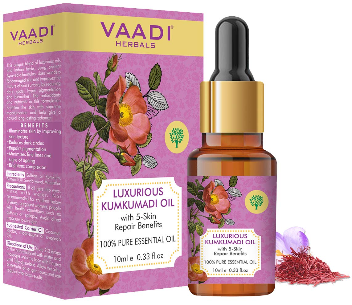 VAADI HERBALS Kumkumadi Face Oil with Saffron & Sandalwood - Dark Circle Treatment, Skin Brightening & Pigmentation Reduction - 10ml - Perfect for Nighttime Skincare & Anti-Aging Routine