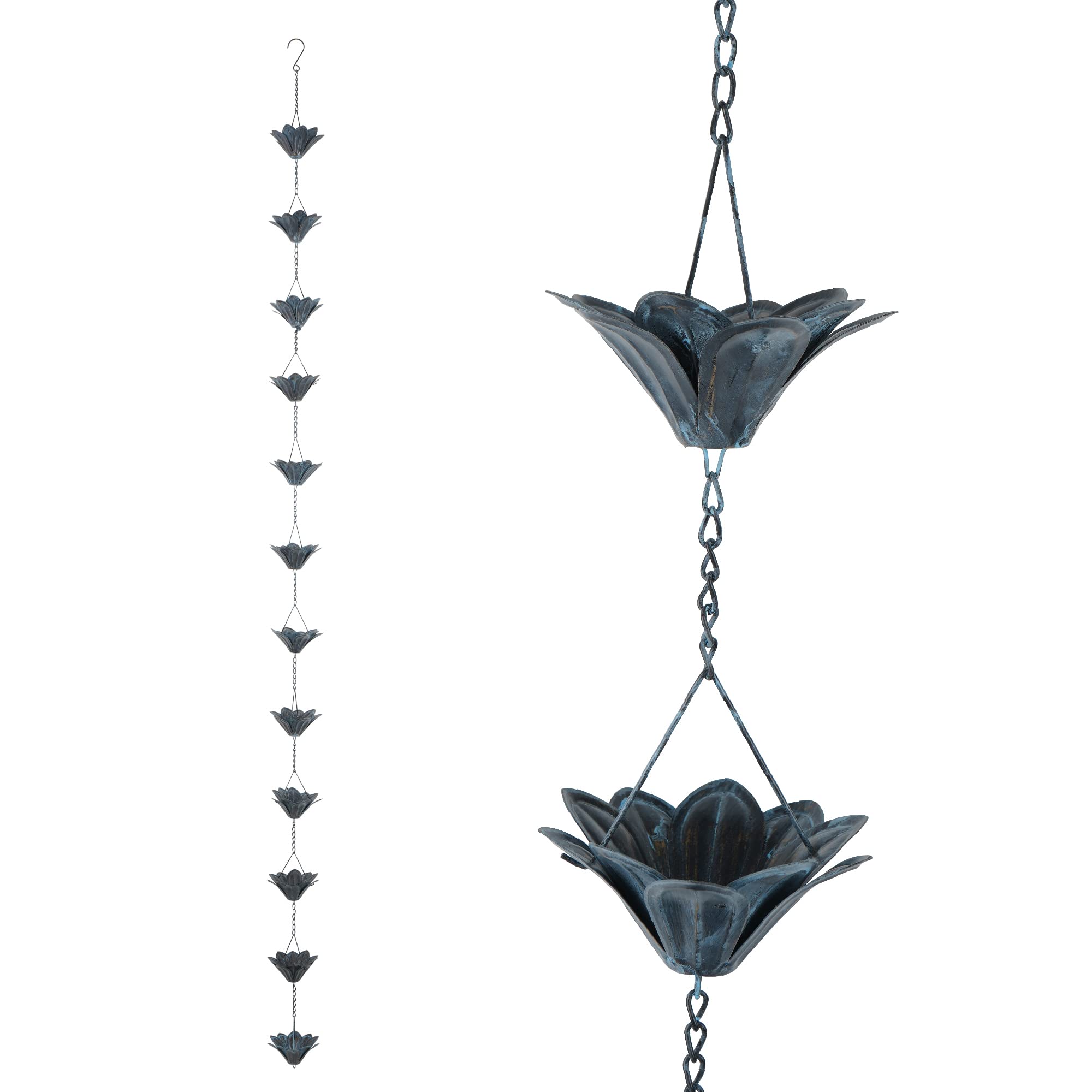 Topadorn 7.85 FT Decorative Iron Gutter Chain with 12 Rain Collector Cups & Flower Cups - Garden Water Feature for Outdoor Decor, Patio, Yard, and Landscape Design