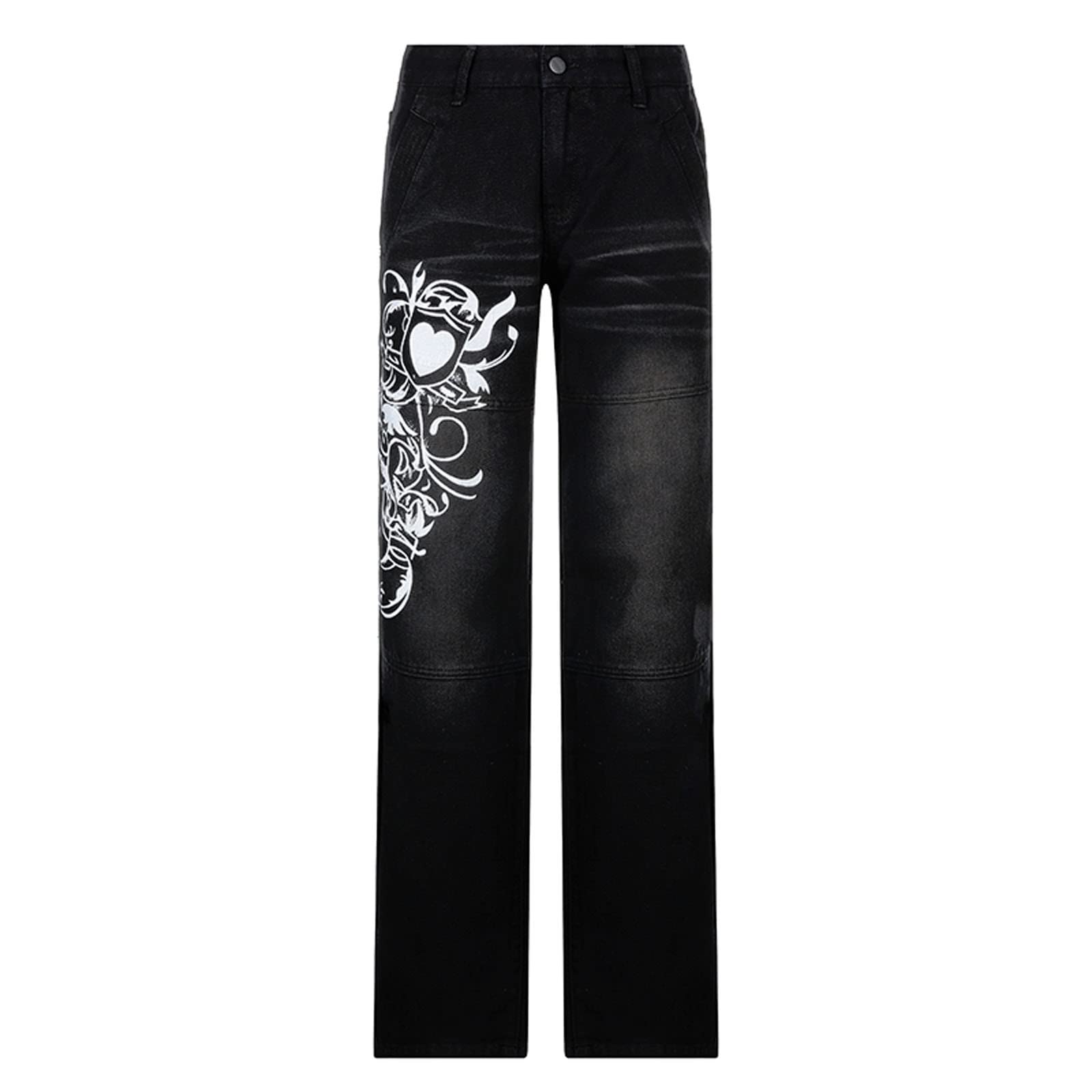 2024 Trendy Women's Wide Leg Jeans - Low Waist Casual Work Pants with Pockets & Love Print | Straight Leg Lounge Trousers for Everyday Wear & Office Outfits