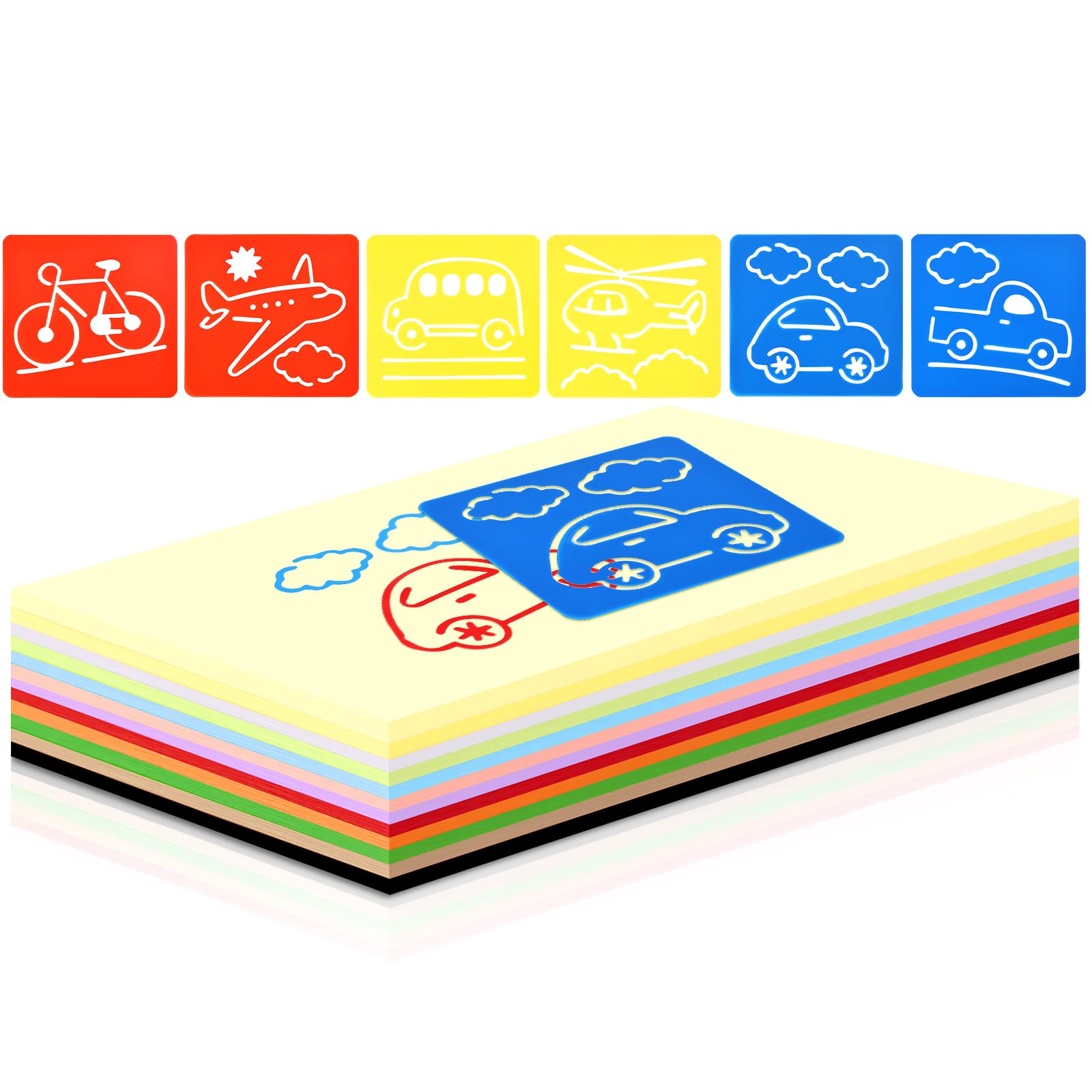 Shindel 100-Sheet Colored Cardstock Paper A4 Size with 6 Plastic Stencils - Vibrant Construction Paper for Kids DIY Crafts, Scrapbooking, Classroom Projects & School Supplies - Perfect for Card Making, Art Projects & Educational Activities