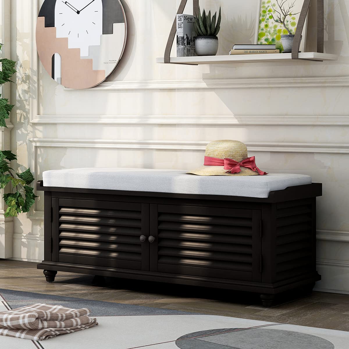 Teeker Wooden Storage Bench with Removable Cushion - Louver Design Entryway Shoe Bench for Living Room & Bedroom - Black - Perfect for Organizing Shoes, Blankets, and Home Decor