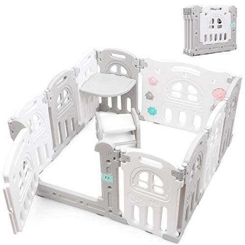 Costzon 10-Panel Foldable Baby Playpen - Indoor/Outdoor Play Yard with Table Panels, Seat Stool & Lockable Gate | Portable Baby Fence with Educational Toys | Adjustable Shape for Nursery, Living Room & Backyard Play Area