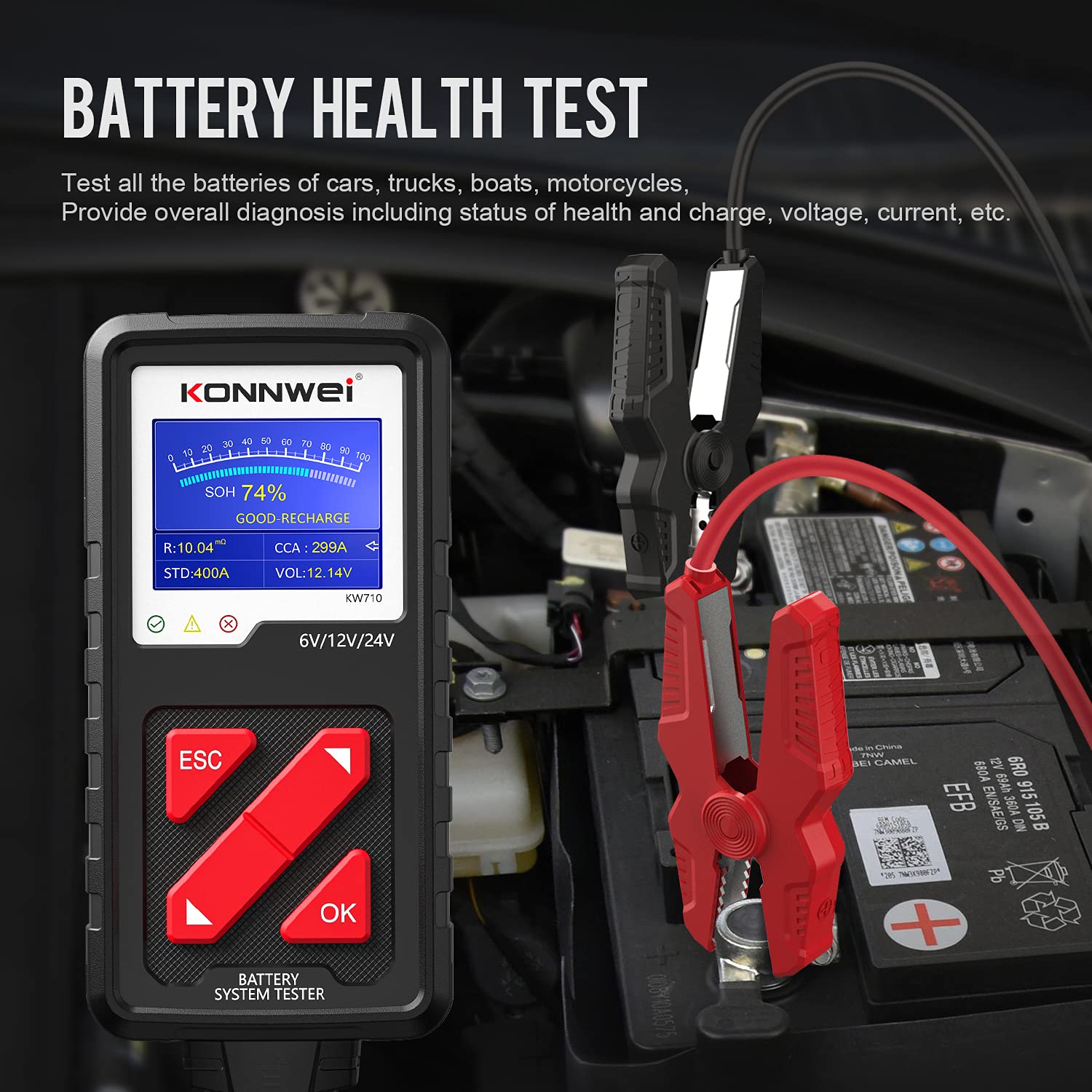 KONNWEI KW710 6V 12V 24V Digital Car Battery Tester - 100-2000CCA Automotive Battery Load Analyzer with Alternator & Starter Tester for Cars, Trucks, Motorcycles, Marine, ATVs & SUVs | Perfect for Road Trips, Winter Prep & Vehicle Maintenance