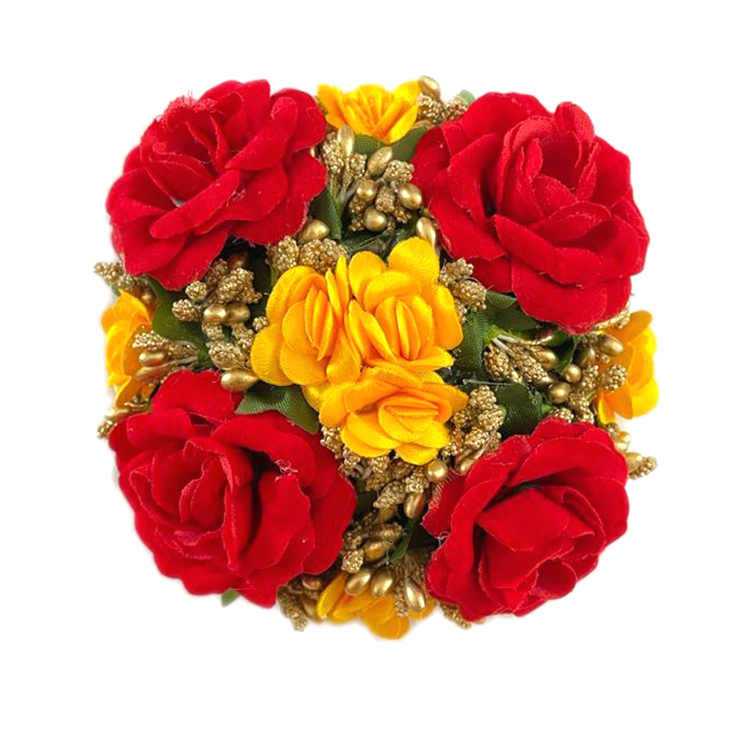 GuruEmbelish Artificial Flower Hair Bun Gajra - Bridal Hair Styling Accessories for Women & Girls (Pack of 1, Yellow & Red) - Perfect for Weddings, Parties & Festive Occasions