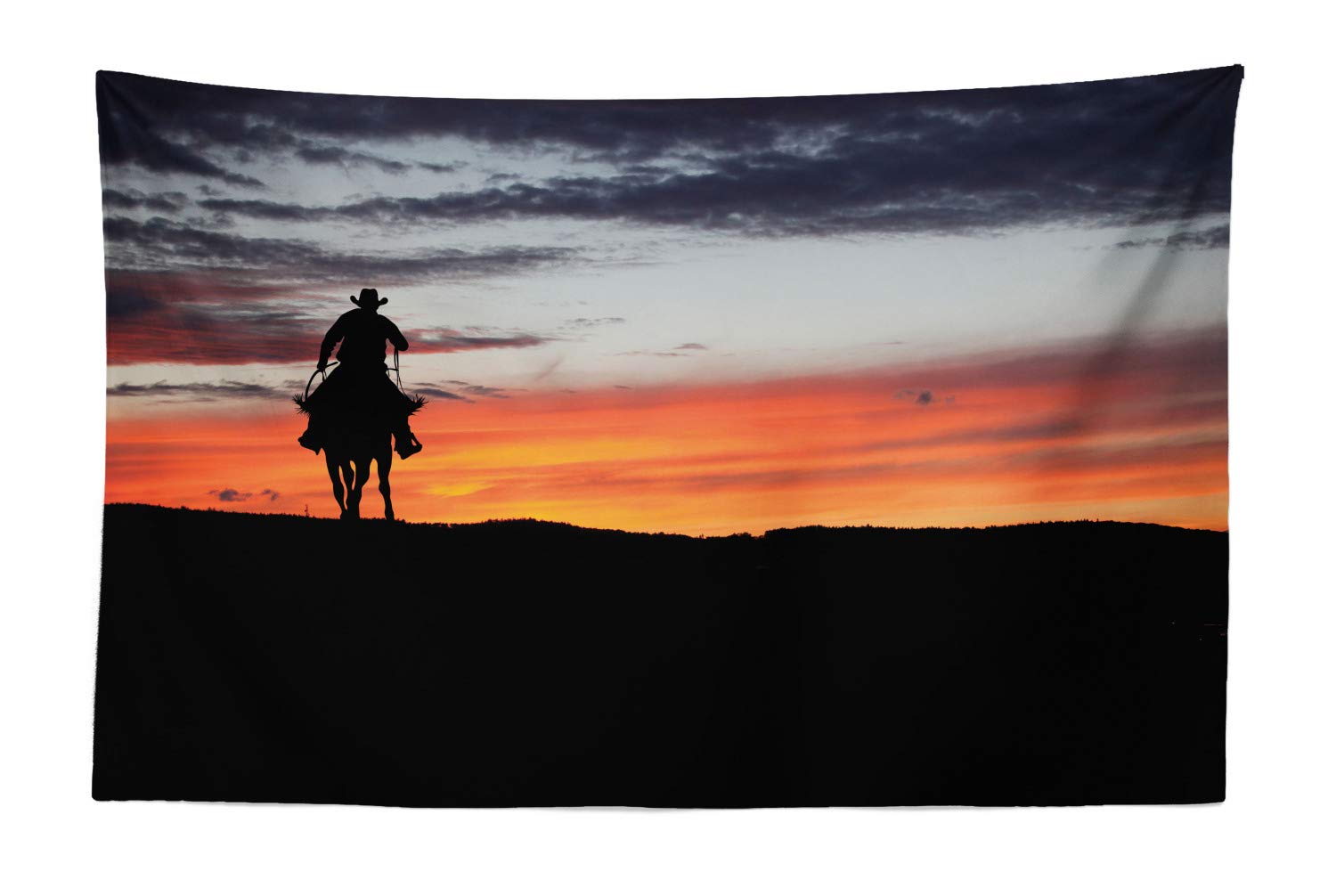 Ambesonne Western Tapestry - Cowboy on Horse Sunset Wall Art Decor | 45x30 Inch Charcoal Grey Multicolor Fabric Hanging for Bedroom, Living Room, Dorm | Perfect for Western Theme Decor, Boho Chic Spaces & Cowboy Lover Gifts