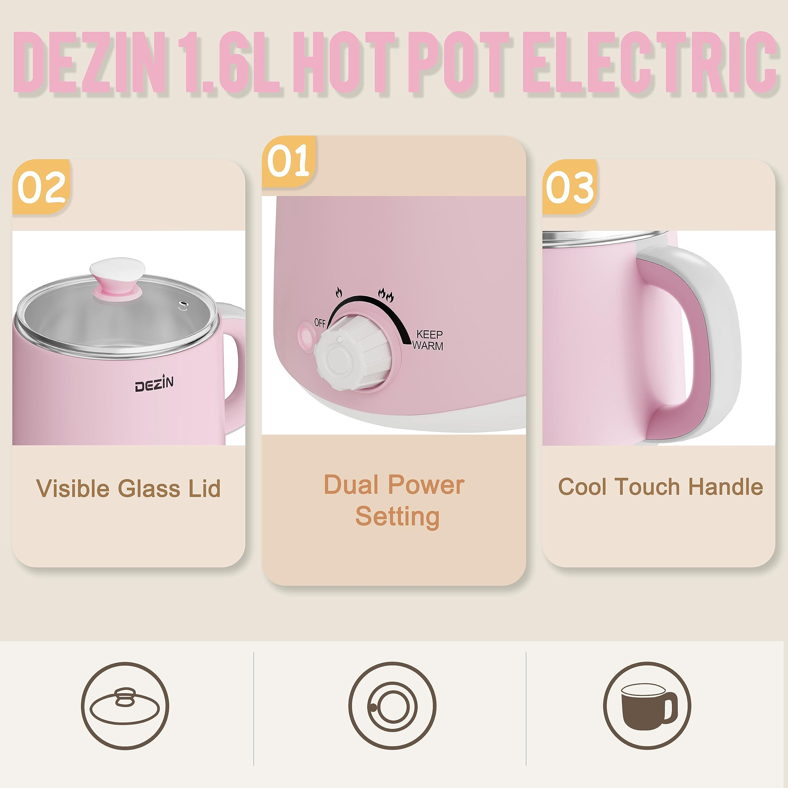 Dezin Electric Hot Pot 1.6L - Fast Noodle Cooker with Temperature Control & Keep Warm - Stainless Steel Multi-Cooker for Ramen, Pasta, Soup, Dumplings, Eggs, Oatmeal - Perfect for Dorm, Office, Camping & Small Kitchen Cooking