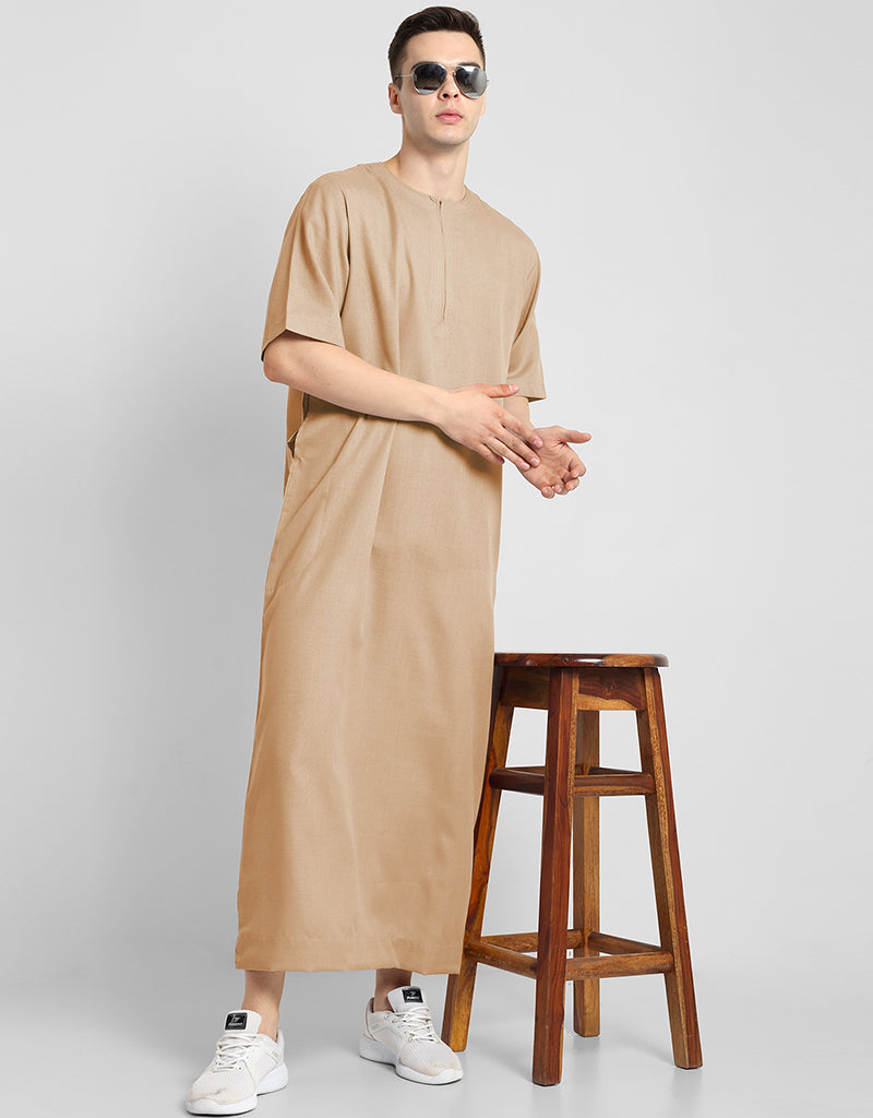 Premium Beige Thobes for Men - Soft Cotton Blend Plain Solid Workwear - Ideal for Office, Prayer & Casual Wear