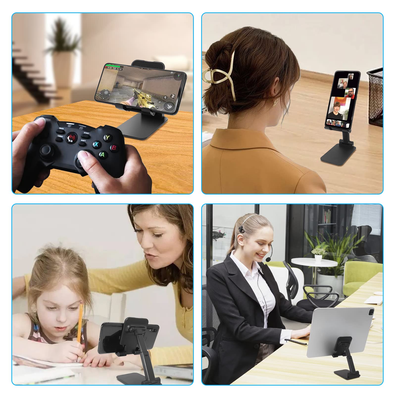 Adjustable Folding Phone Stand for Desk - Universal Cell Phone & Tablet Holder (4-10 Inch) - Perfect for Office, Home, Video Calls & Hands-Free Viewing (Black)