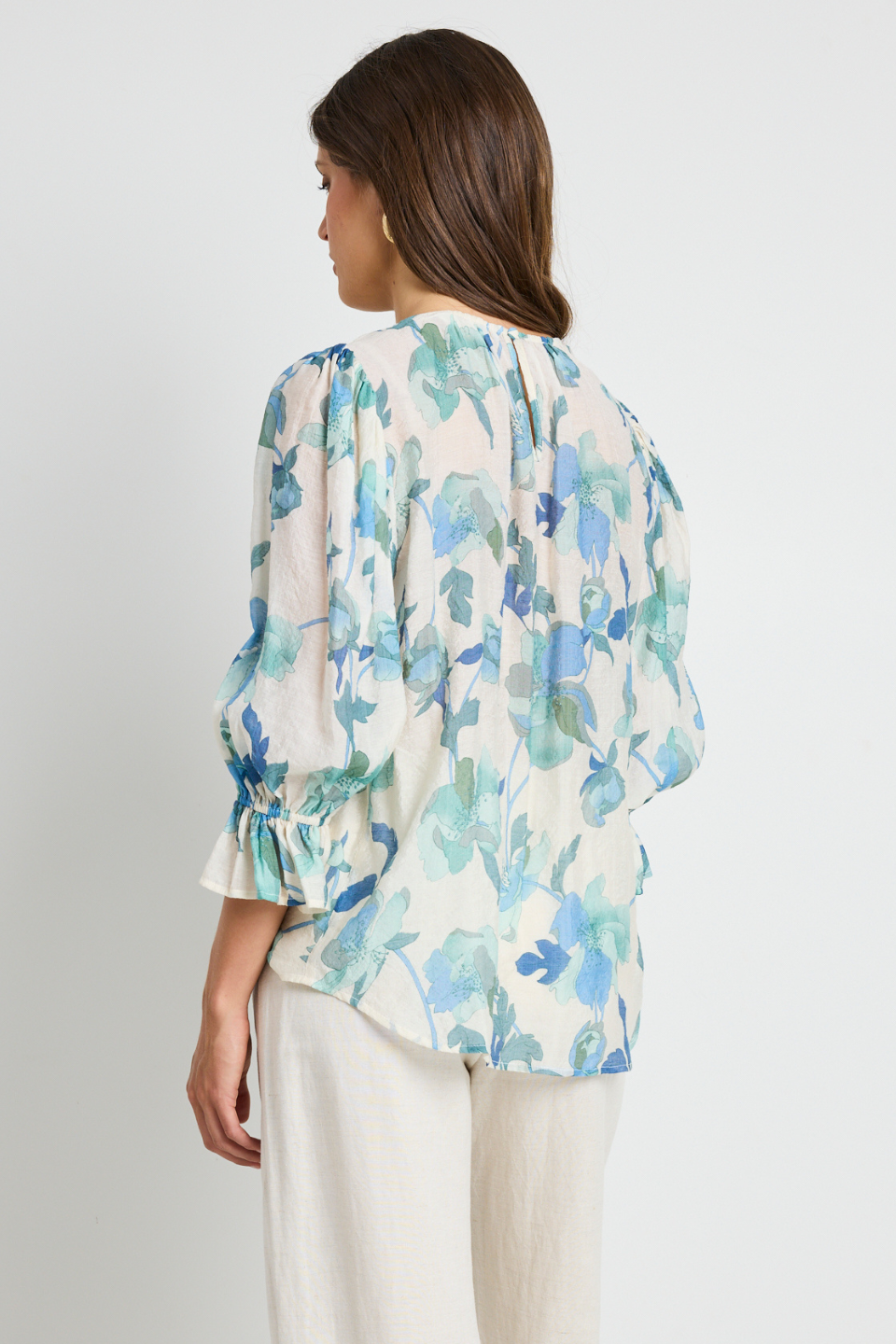 Candid Blue Cream Floral Frill Sleeve Crew Neck SS Top - Women's Casual Summer Blouse for Beach Outings & Date Nights