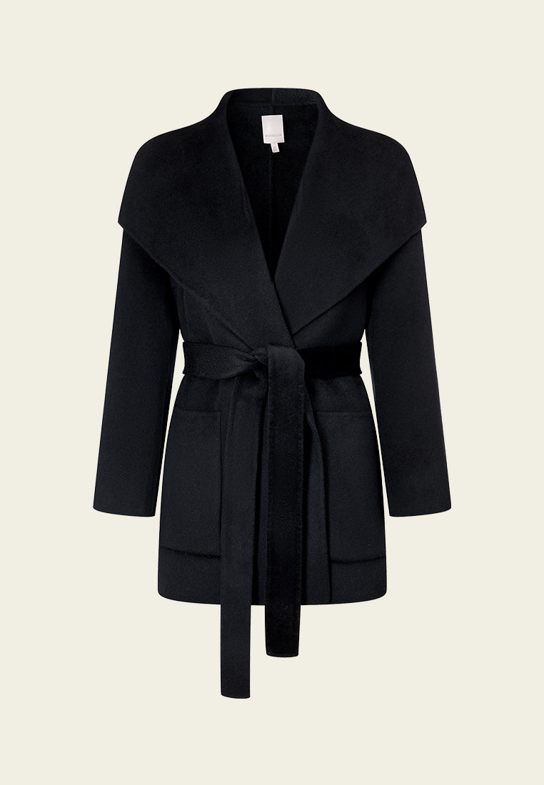 Women's Fashion Wide Lapel Wrap Knotted Patch Pocket Cropped Coat - Stylish Outerwear for Fall & Winter, Office & Casual Wear
