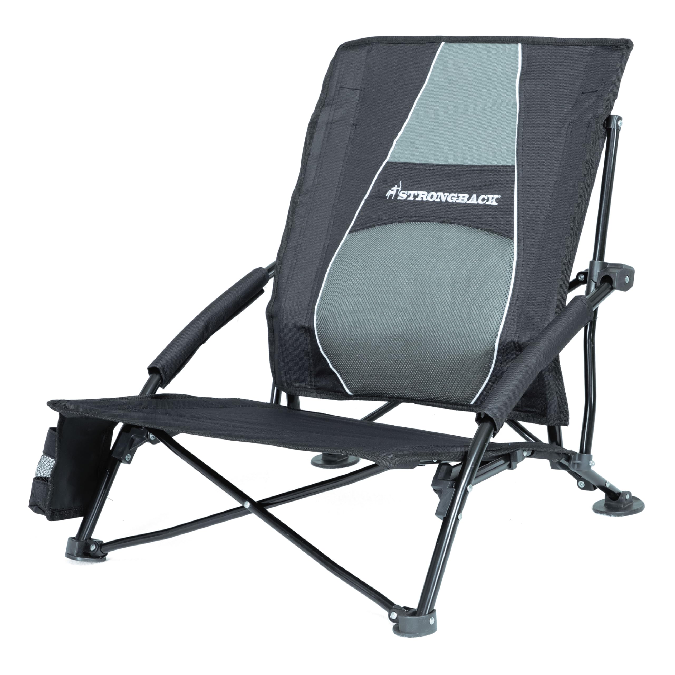 STRONGBACK Low Gravity Beach Chair with Built-in Lumbar Support - Heavy Duty Portable Folding Chair for Adults - Perfect for Beach, Camping, Backyard & Outdoor Relaxation - Black