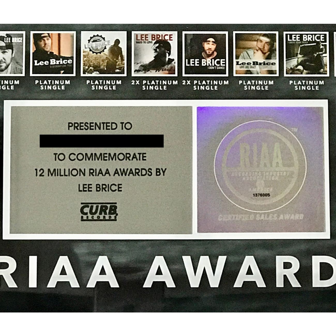 Lee Brice RIAA 12 Million Sold Combo Award - Perfect for Country Music Fans & Collectors - Display in Home, Office or Music Studio