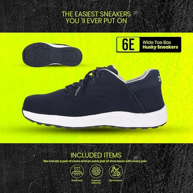 ZEBA Men's Hands-Free Slip-On Husky Walking Sneakers - Comfortable Lightweight Shoes for Walking, Running & Travel - Perfect for Outdoor Activities, Work & Casual Wear