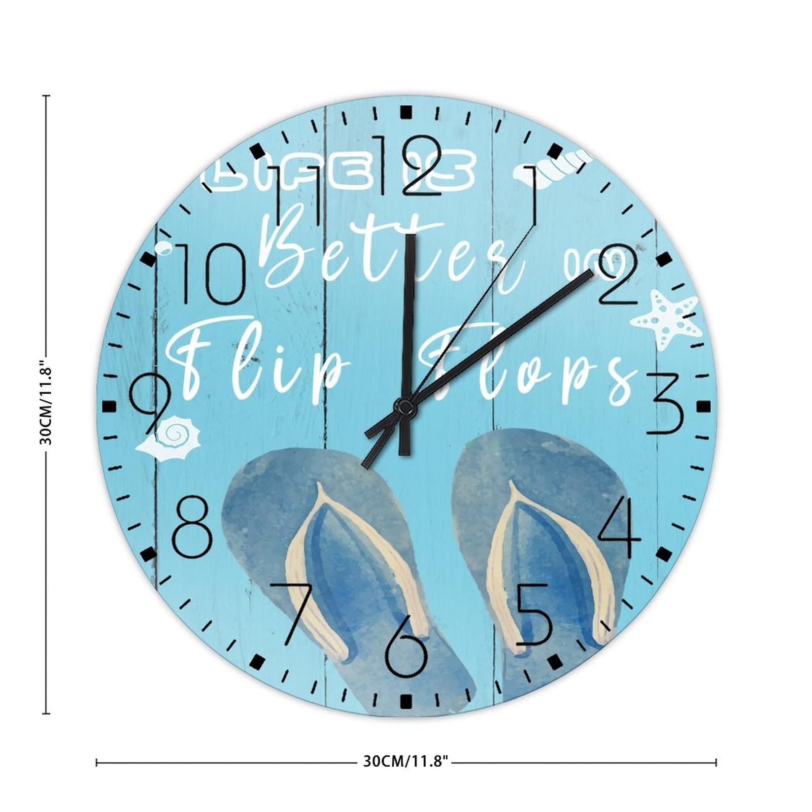 12 Inch Wooden Hanging Wall Clock - Battery Operated Silent Non-Ticking Rustic Beach Decor with Starfish & Shell Design - Perfect for Bathroom, Living Room, Bedroom, Office & Coastal Home Decor