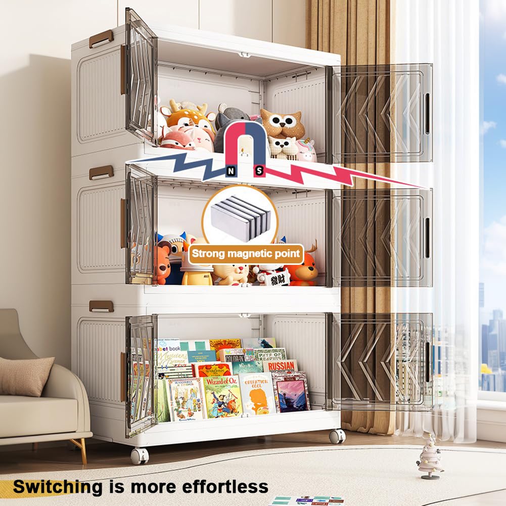 4-Tier Stackable Storage Bins with Lids, Doors & Wheels - Foldable Storage Cabinet Shelf Organizer for Bedroom, Living Room, Office - Perfect for Clothes, Toys, Books & Home Organization