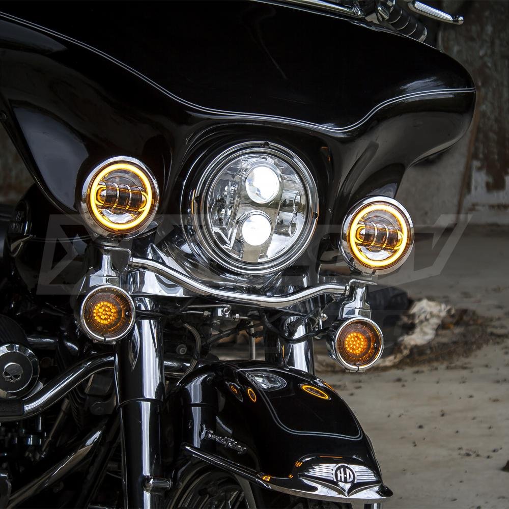 Harley Davidson LED Fog Lights with Amber Halo Turn Signal - Chrome Motorcycle Driving Lights for Touring Bikes (Ultra Classic, Road King, Street Glide, Road Glide, Trike) - Enhance Visibility & Safety for Night Riding & Bad Weather Conditions