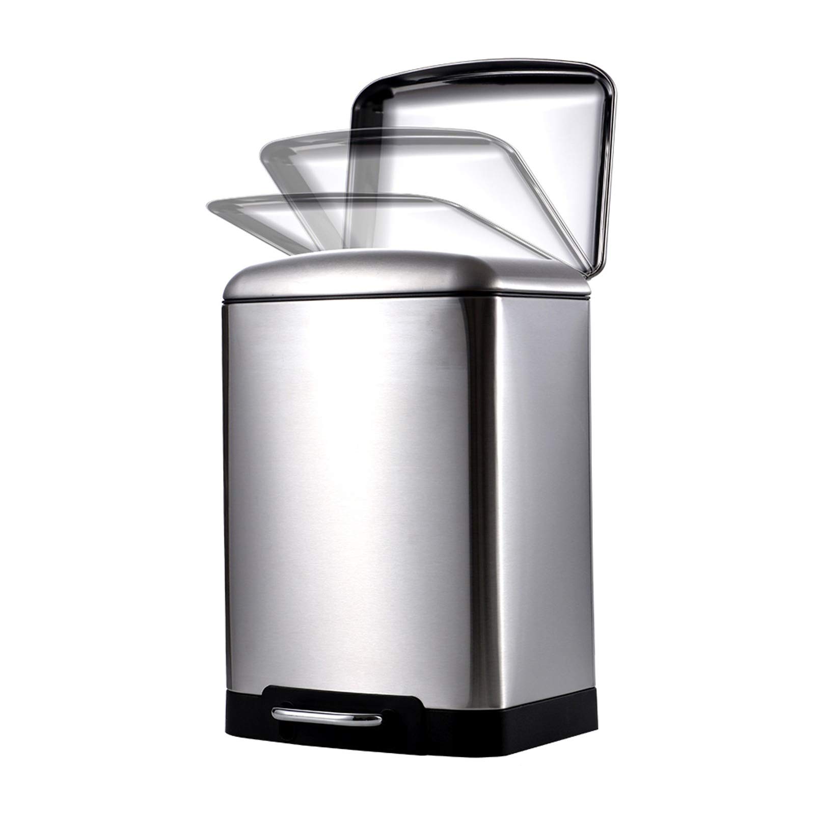 TOMYEUS 12L Stainless Steel Kitchen Trash Can with Foot Pedal & Slow-Close Lid - Square Drum-Shaped Silent Garbage Bin for Home, Office, Kitchen - Perfect for Waste Disposal in Pantry, Bathroom & Workspaces
